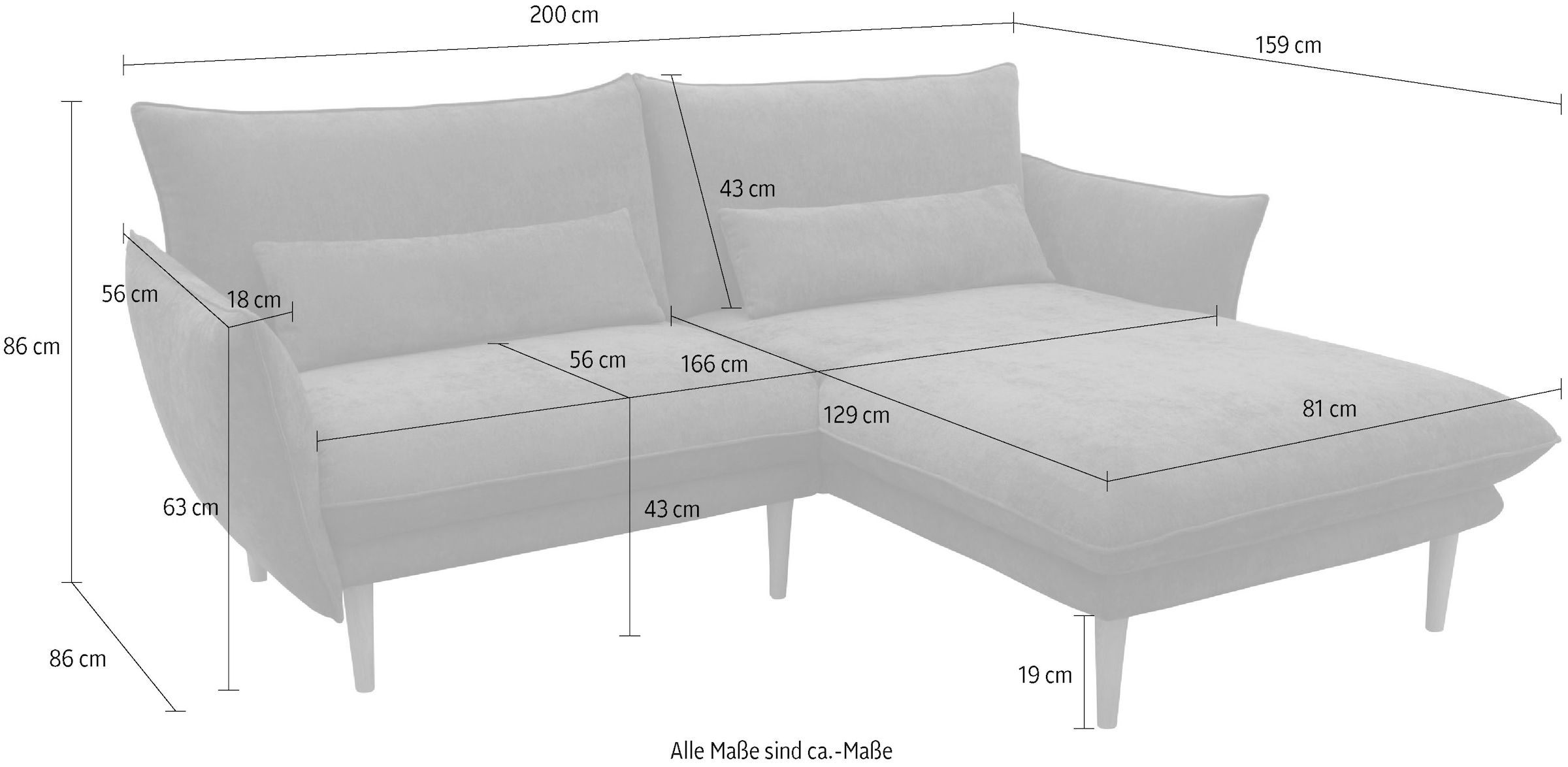 DOMO collection Ecksofa »Leuven kompakte Stellmasse, Breite 200 cm, schmale Armlehnen, L-Form« angenehm feste Polsterung, bodenfrei, 19 cm hohe Holzfüsse