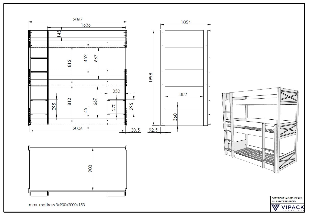 Vipack Etagenbett Made in Europe,  mit 3 LF á 90x200 cm und Rollrost, stabil gebaut, Kiefer massiv weiss