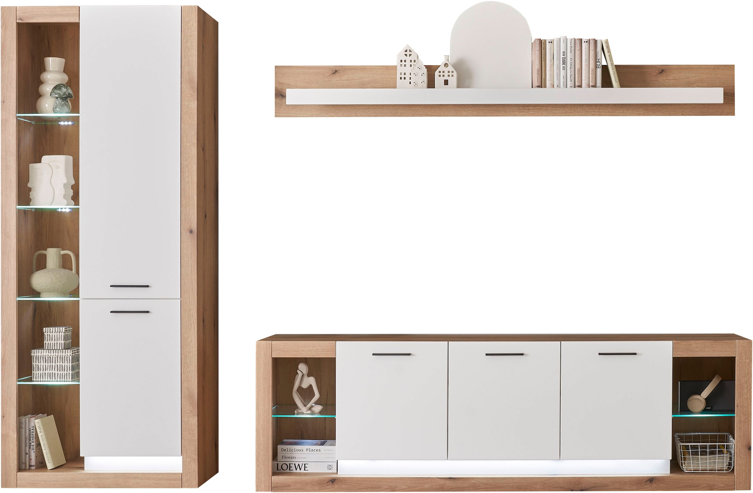 INOSIGN Wohnwand »Brixen, moderne Anbauwand, Wohnzimmer-Set, Eiche Evoke Dekor mit Weiss«, (Set, 3 St.), enthält Stauraumelement, Lowboard und Wandboard