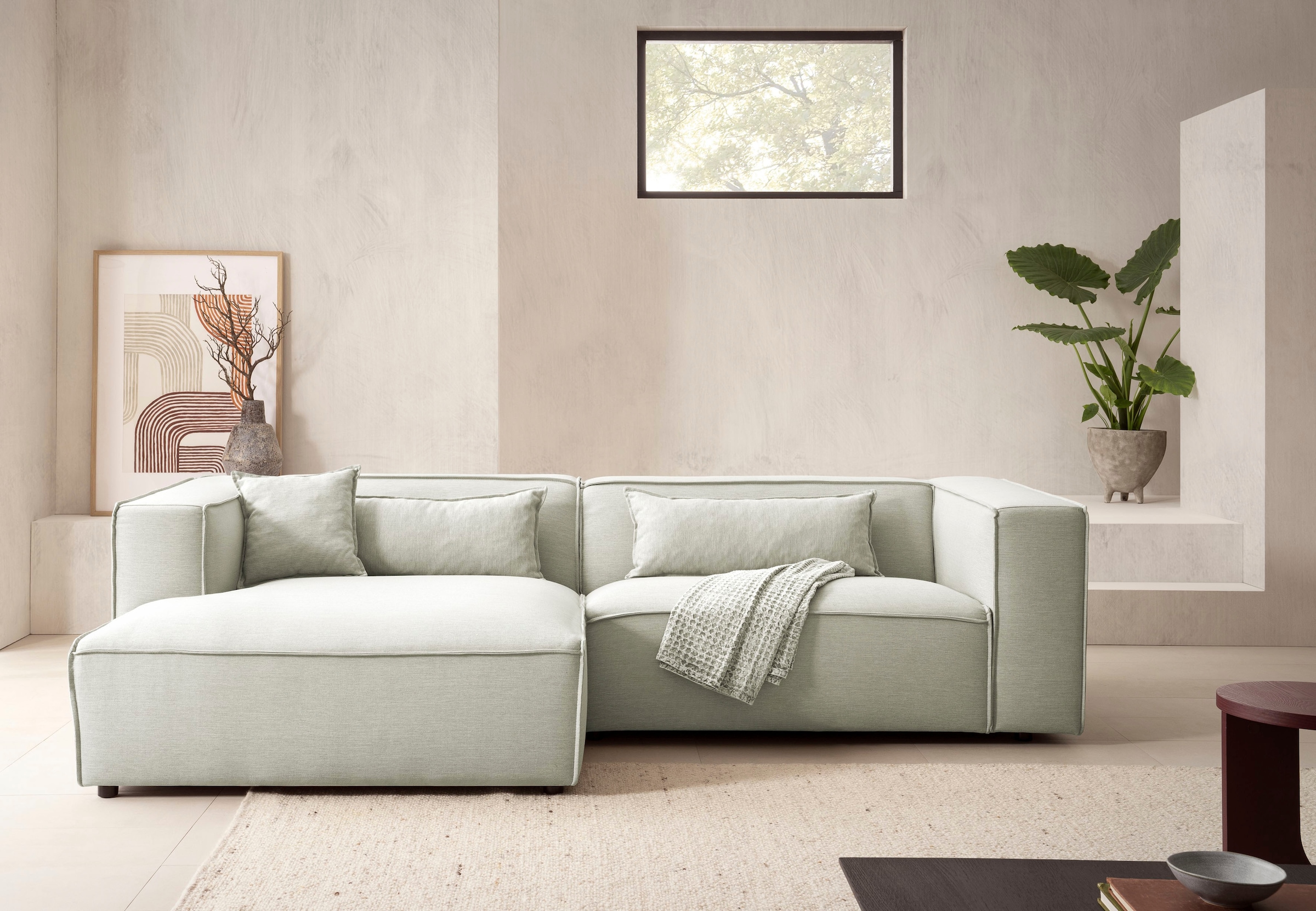 LeGer Home by Lena Gercke Ecksofa »PIARA mit Kedernaht in Cord oder Leinenoptik, moderne Couch in L-Form«, wahlweise Ottomane rechts/links, schwarze Füsse, bequemer Sitzkomfort