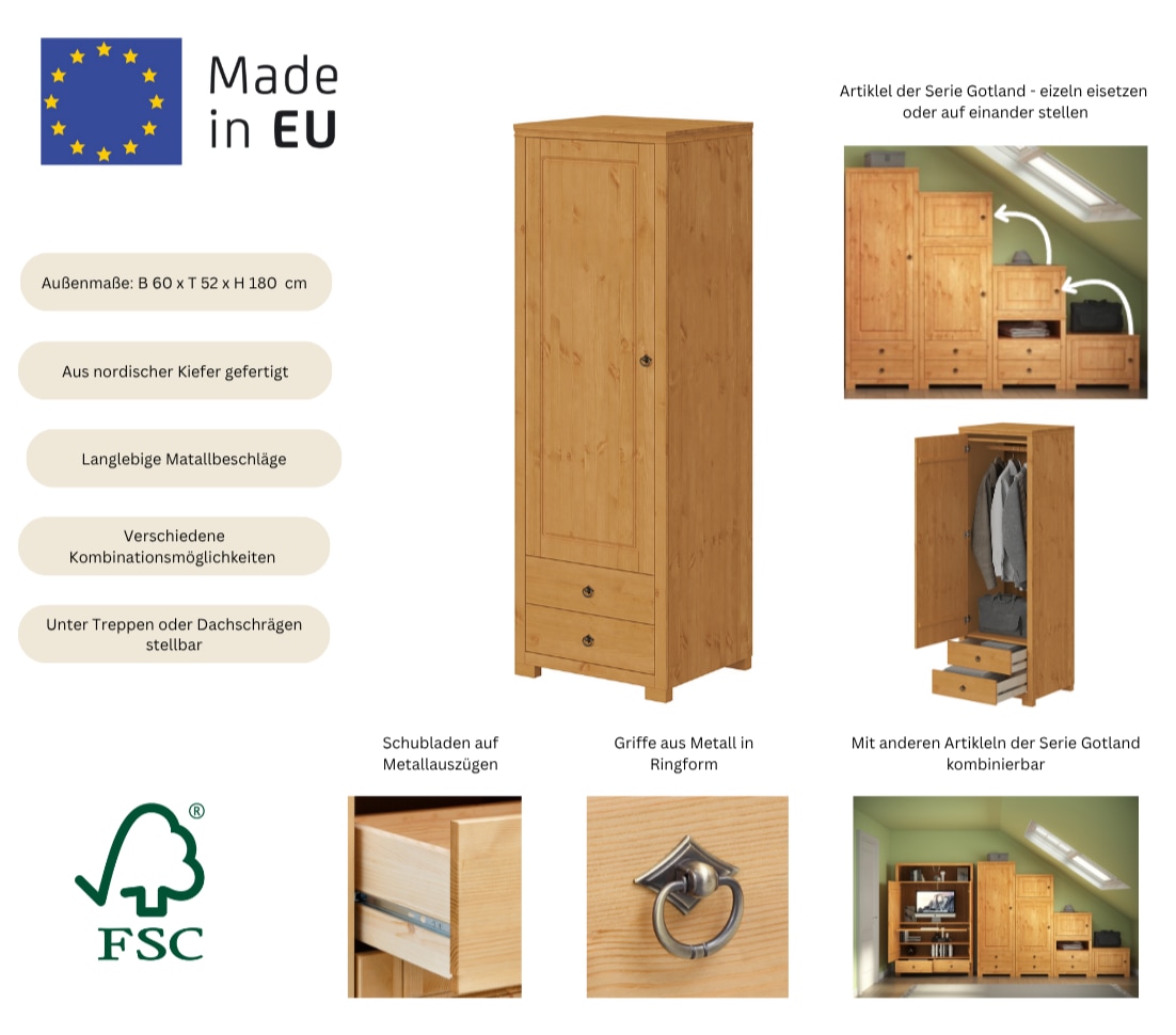 GOODproduct Kleiderschrank »Gotland, Schrankmodulsystem, einzeln oder mit der Serie kombinierbar« massive Kiefer, variabel einsetzbar, auch für Dachschrägen