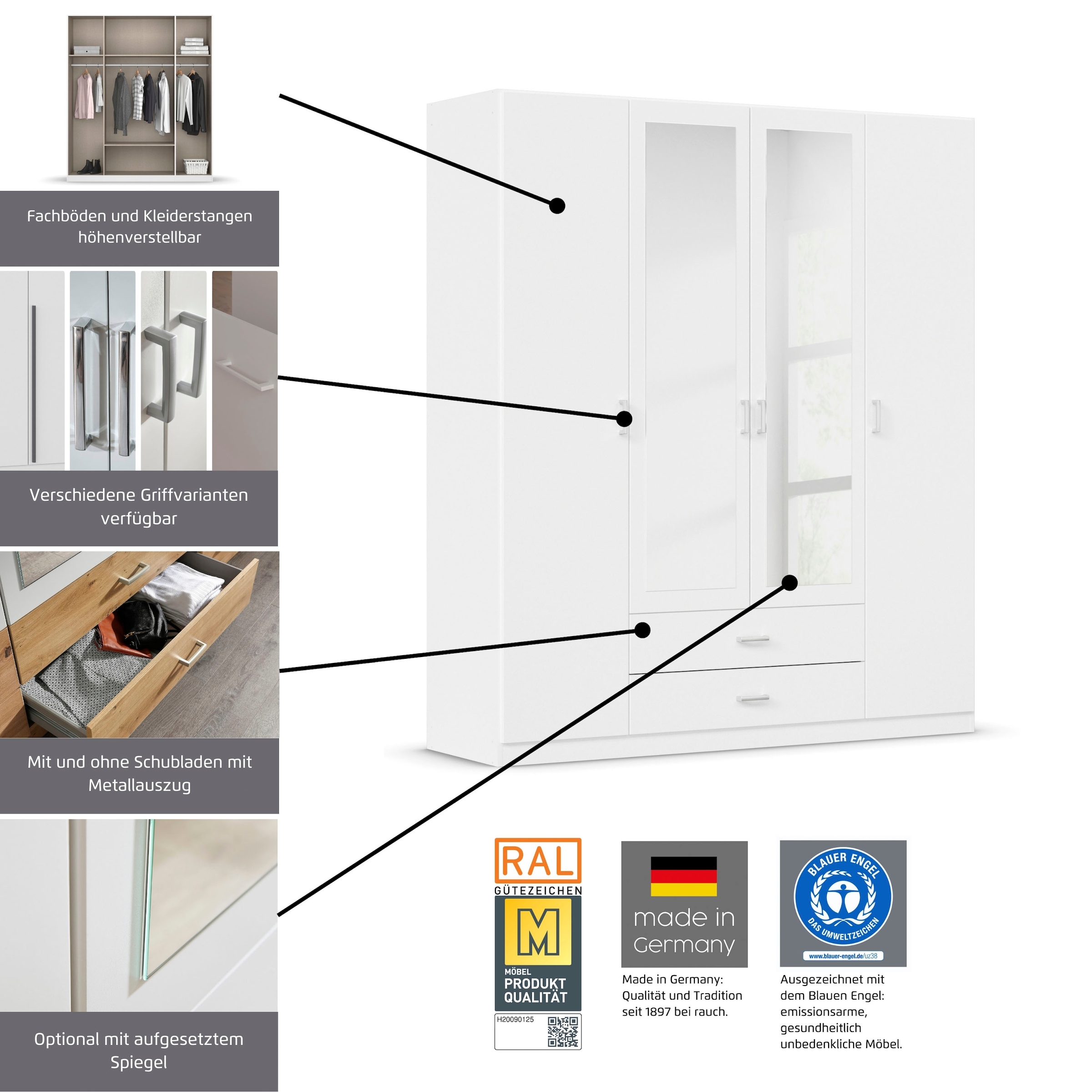 rauch Armoires à vêtements »Schrank Garderobe Ankleide GAMMA Breiten 91/136/181/226/271/315/360 cm« En 3 configurations BASIC/CLASSIC/PREMIUM (avec fonction SOFT-CLOSE),  différentes variantes de poignée, avec miroir TOPSELLER MADE IN GERMANY