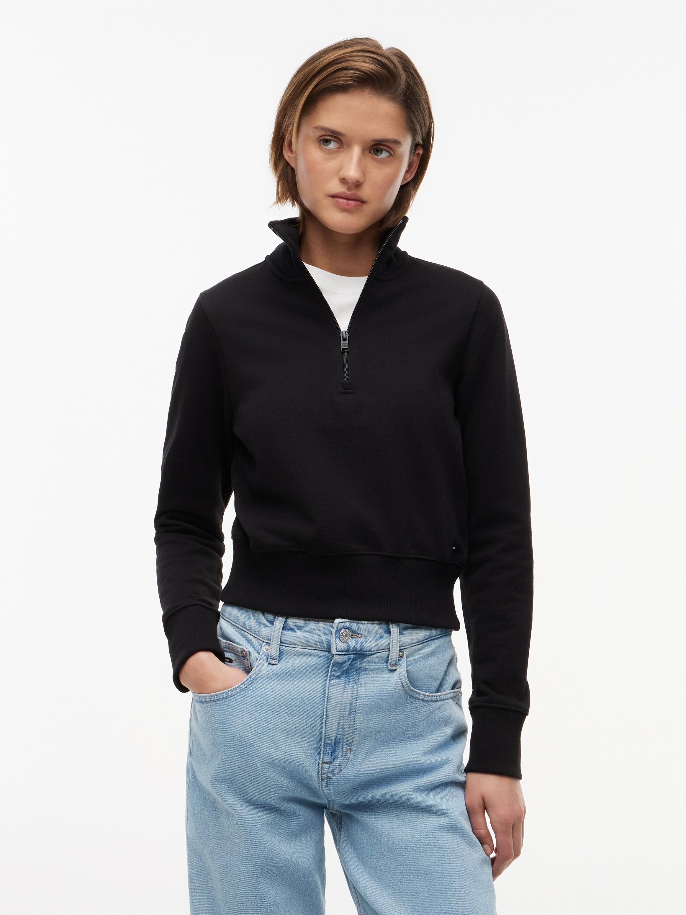 Tommy Jeans Sweatshirt »TJW SLIM S FLAG 1/4 ZIP MOCKNECK«, Baumwolle, slim fit

