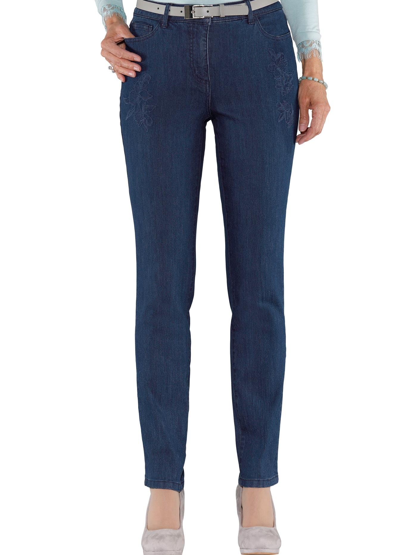 Classic Inspirationen Jeans mit Ton-in-Ton-farbiger Blütenstickerei