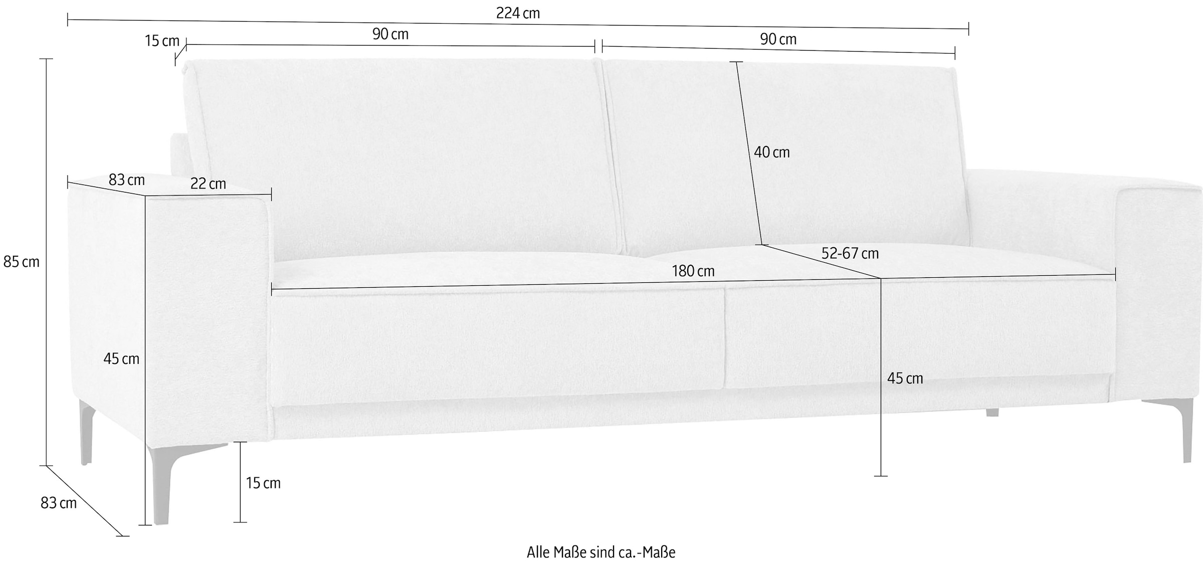 Places of Style 3-Sitzer »3er Sofa Oland, Struktur, Flachgewebe, Luxus-Microfaser, Boucle«, 224 cm, Wellenunterfederung, Skandi-Design, Metallfüsse