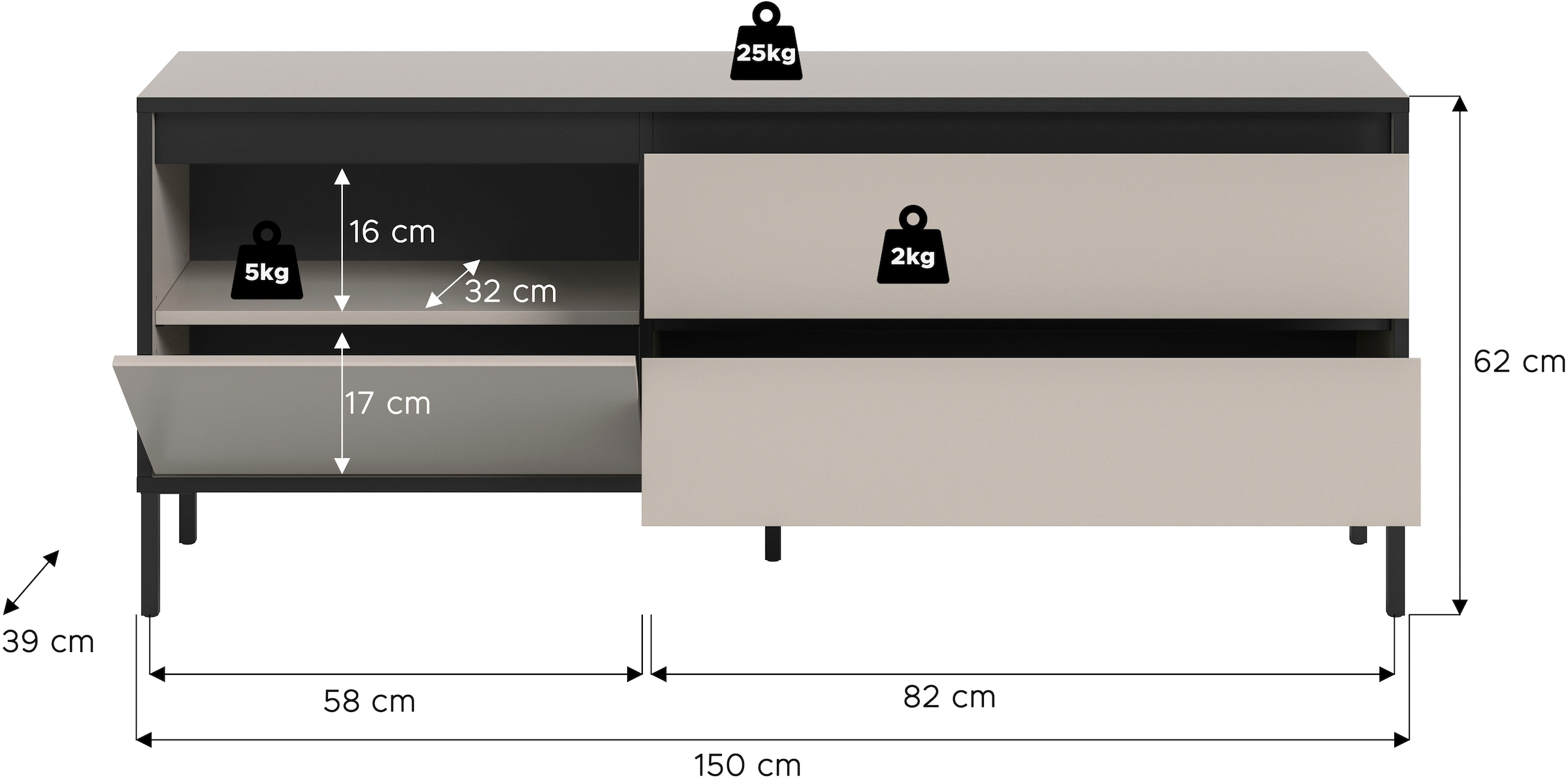 Home affaire Lowboard »NORT, Breite: 150cm, mit Metall Stabfuss, 1 Klappe, 2 Schubkästen« TV-Lowboard, Mediaschrank, Mediaboard, TV-Schrank, Schrank, Board