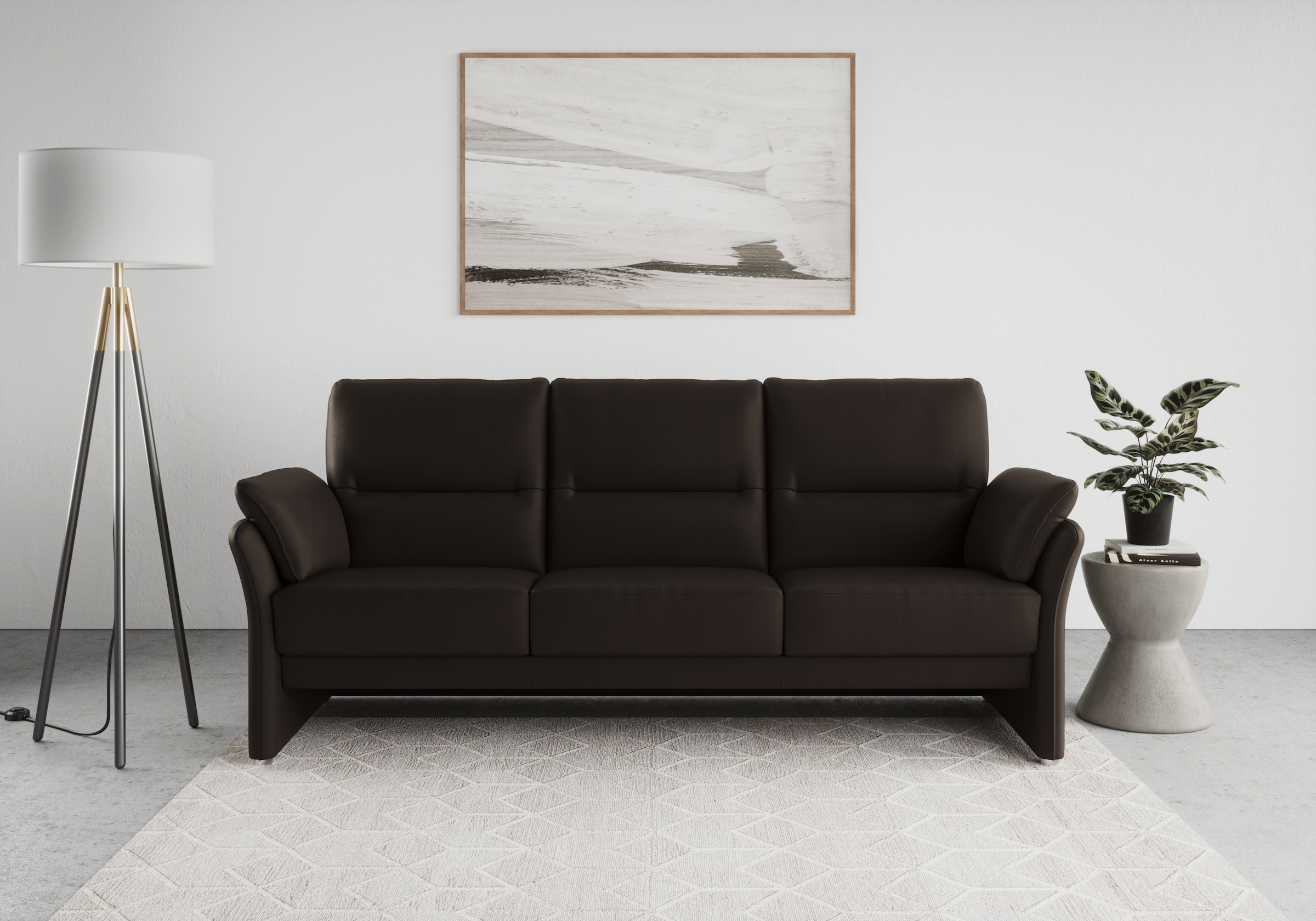 Image of DOMO collection 3-Sitzer "Pina, schmale Armlehnen, mit Federkern, kompakt & elegant" Hoher Sitzkomfort, Luxus-Microfaser Lederoptik, braun, Breite 219 cm