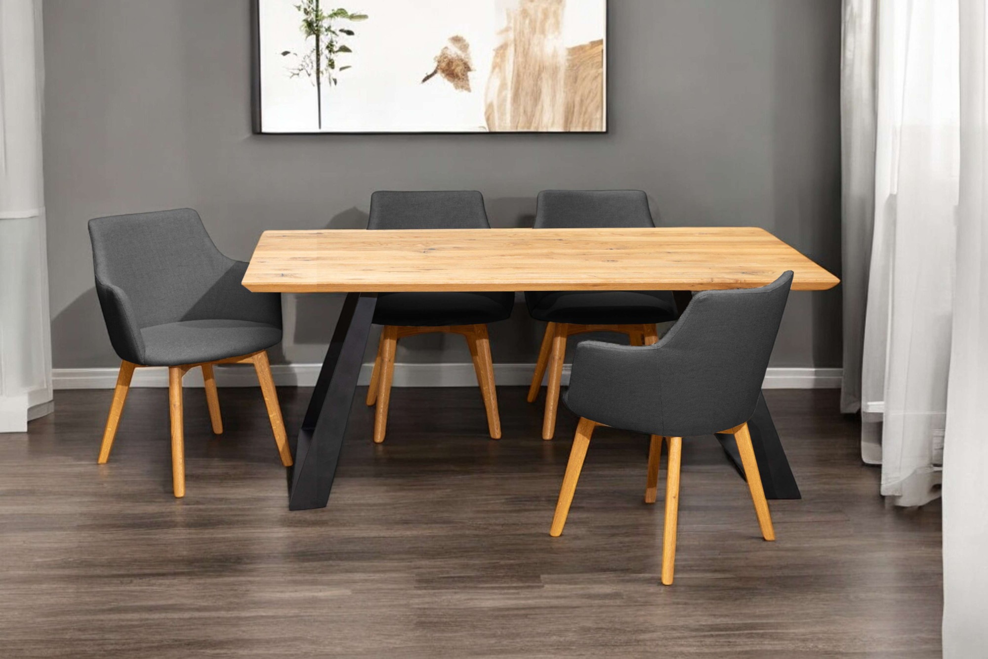 Image of Home affaire Essgruppe "Ena Sitzgruppe für Küche/Esszimmer, Esstisch mit 4 Polsterstühlen 5tlg" Set, 5-tlg, 5 Stk. tlg. Stuhlbeine in Eiche Natur oder Buche Schwarz, Tisch 180 cm, U-Gestell