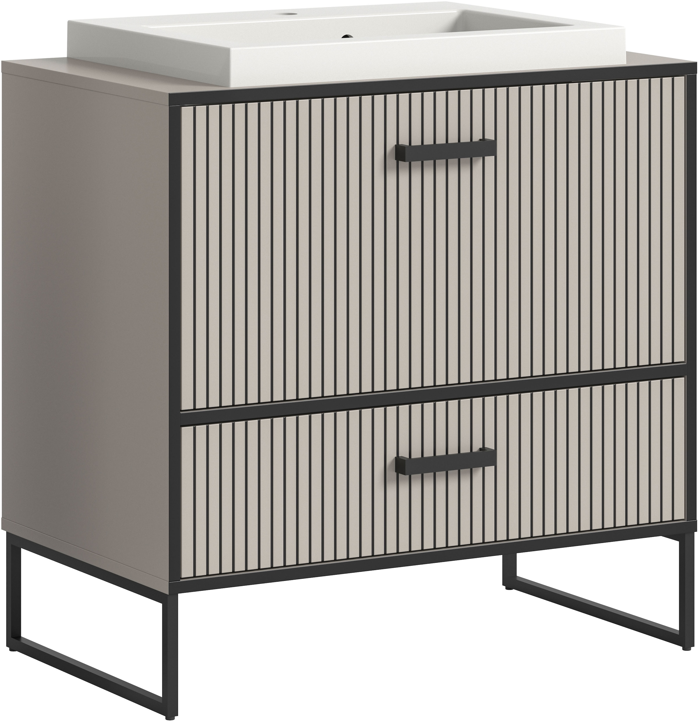 Image of welltime Waschbeckenunterschrank "Locri, Höhe 84 cm, Rillenoptik, Metallkufen" 2 Stk. tlg. Aufsatzwaschbecken, modernes Design, Unterschrank, Badschrank, Bad