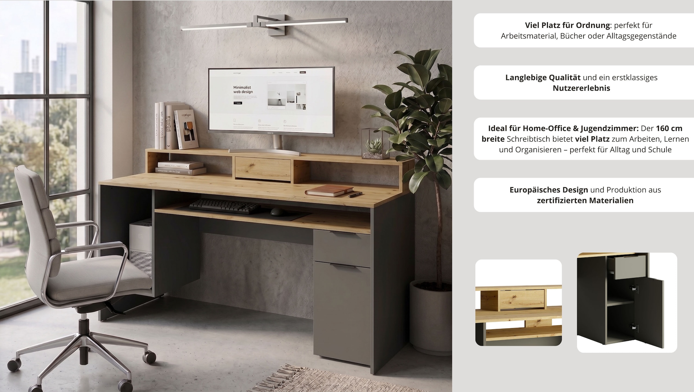 GOODproduct Schreibtisch »Peoria Computertisch mit Monitoraufsatz & Towerfach, viel Stauraum« Büroschreibtisch, Gamingtisch mit Schublade, modern, Breite 160 cm