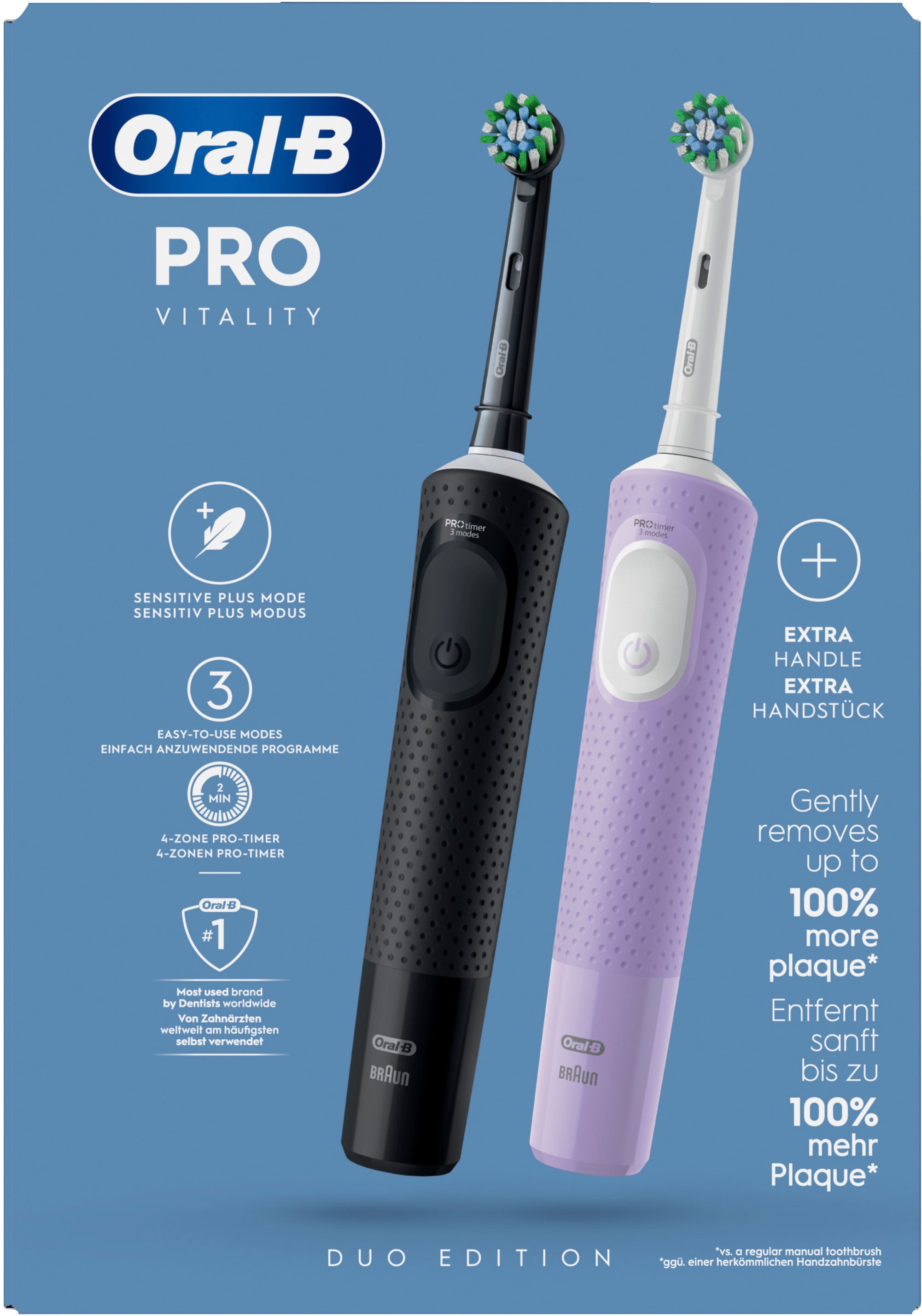 Oral-B Elektrische Zahnbürste »Oral-B Vitality Pro« 2 Stk. Aufsteckbürsten 3 Putzmodi für Zahnpflege, Designed by Braun, schwarz/lila