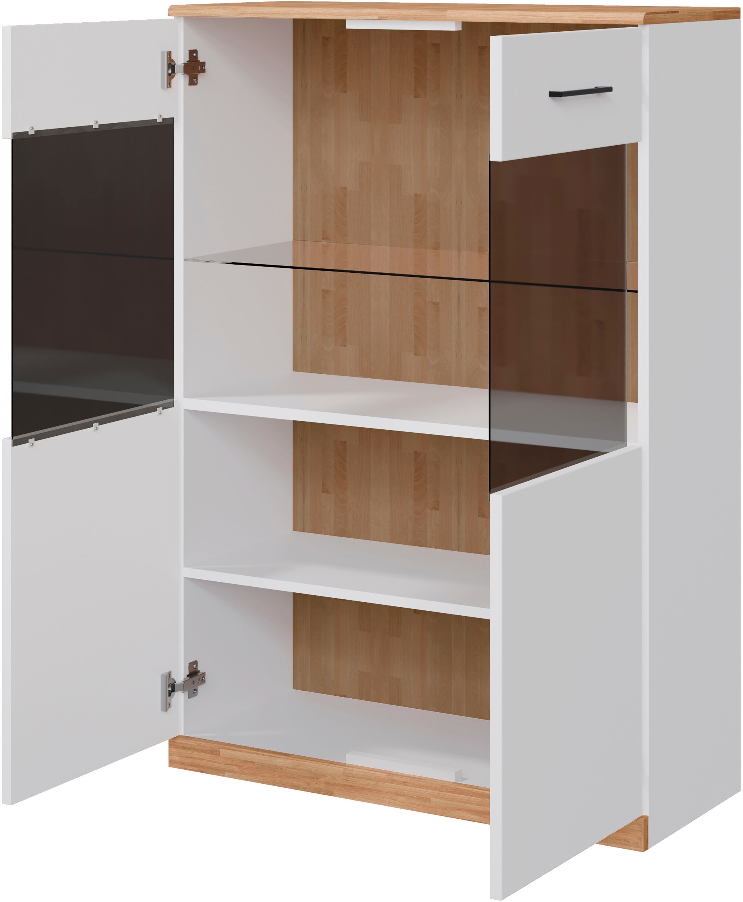 Home affaire Highboard »Ribe,120cm breit,112cm hoch,12 Fächer«, Oberplatte Massivholz,schwarze Metall Griffe,2 Türen mit Glaseinsatz