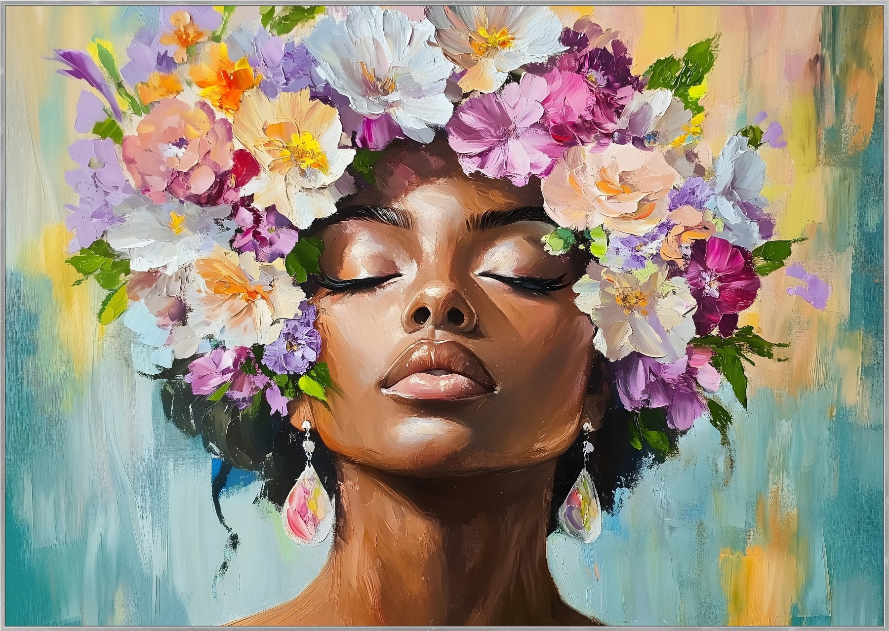 Image of Bönninghoff Ölgemälde "handarbeit gerahmt FRAU 78x118 cm – Wandbild Deko elegant" Blumen Frau Portrait 1 Stk. tlg. handgefertigt, jedes Bild ein Unikat, Schattenfugenrahmen