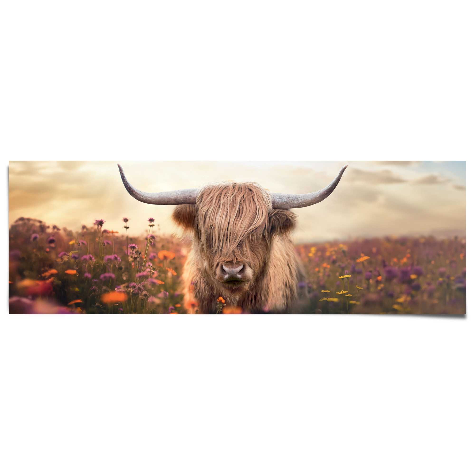 Image of Reinders Poster "Spring Highlander" Wohnzimmer - Schottischer Hochländer - Flora - 170 gr. Papier