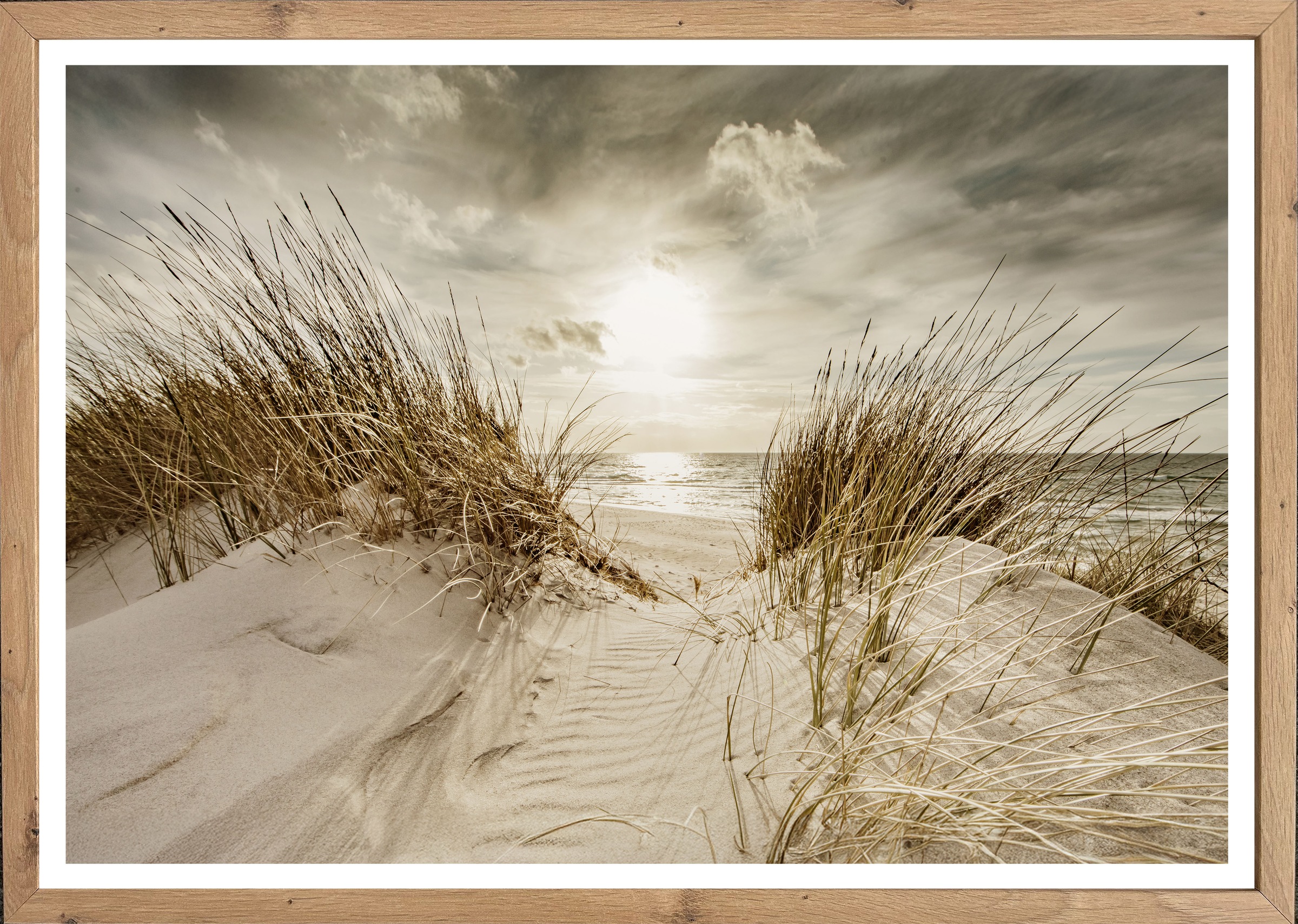 Image of Bönninghoff Bild mit Rahmen "Wandbild gerahmt STRANDSONNE 50x70 cm – Maritime Wanddeko Dünen" Düne Gräser Küste Landschaft Meer Natur Sonnenaufgang & -untergang Strand 1 Stk. tlg. mit dekorativem Rahmen
