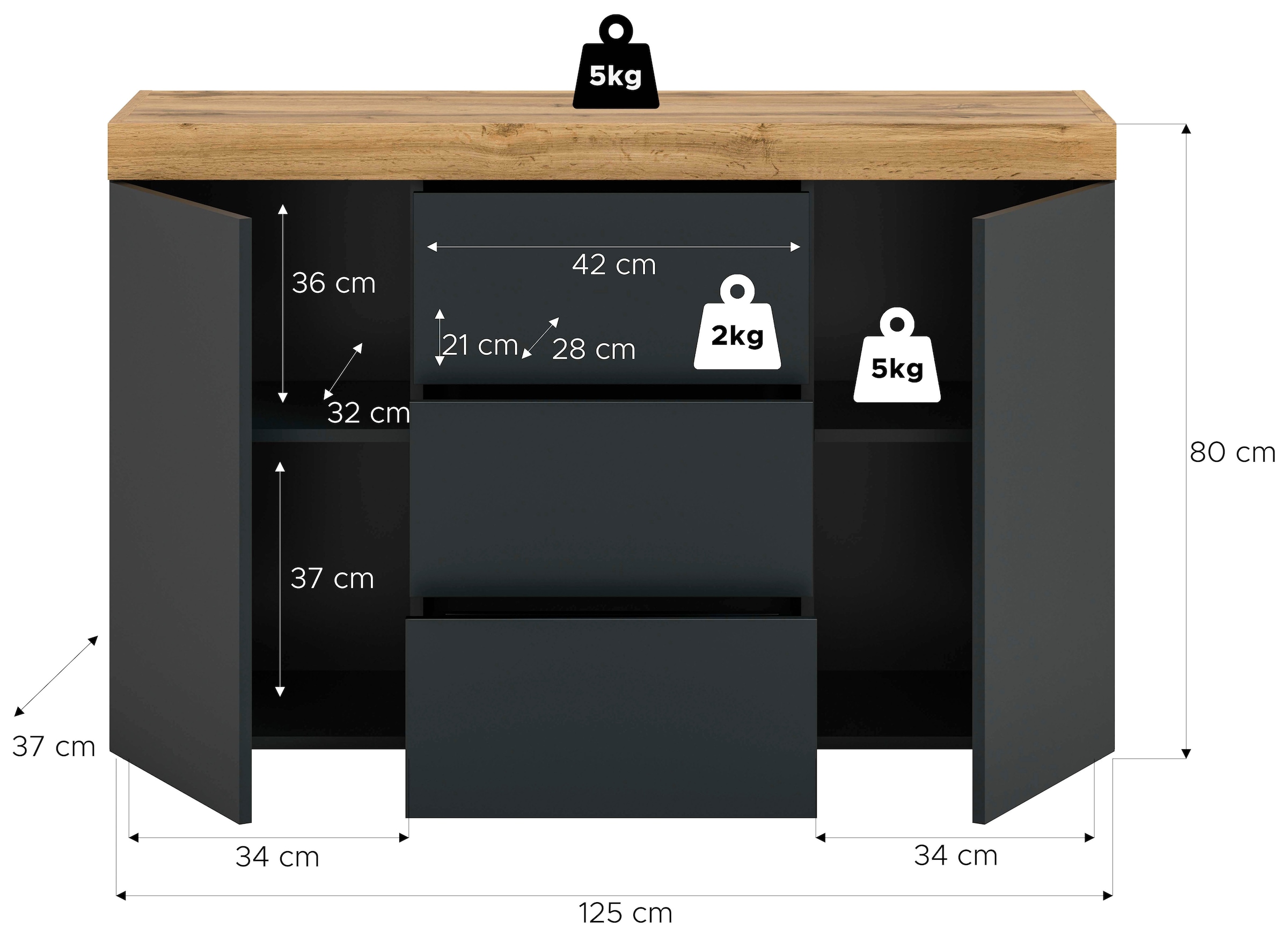 GOODproduct Sideboard »MAMBO, TOPSELLER!, Breite 125cm, 2 Türen, 3 Schubkästen, push-2-open« 2 farbige Ausführung, in verschiedenen Farben erhältlich, 1 cuis tlg. Sideboard, Kommode, Wohnzimmer, Flur, Arbeitszimmer