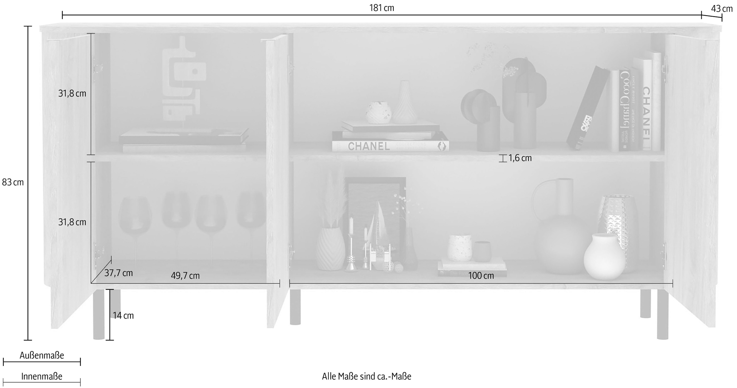 Home affaire Sideboard »Murano, 181 cm breit, 3 Türen, Anrichte, Kommode, Stauraumschrank« Formgebogenes MDF, Stirnseiten mit Rundung, Füsse und Griffe aus Metall