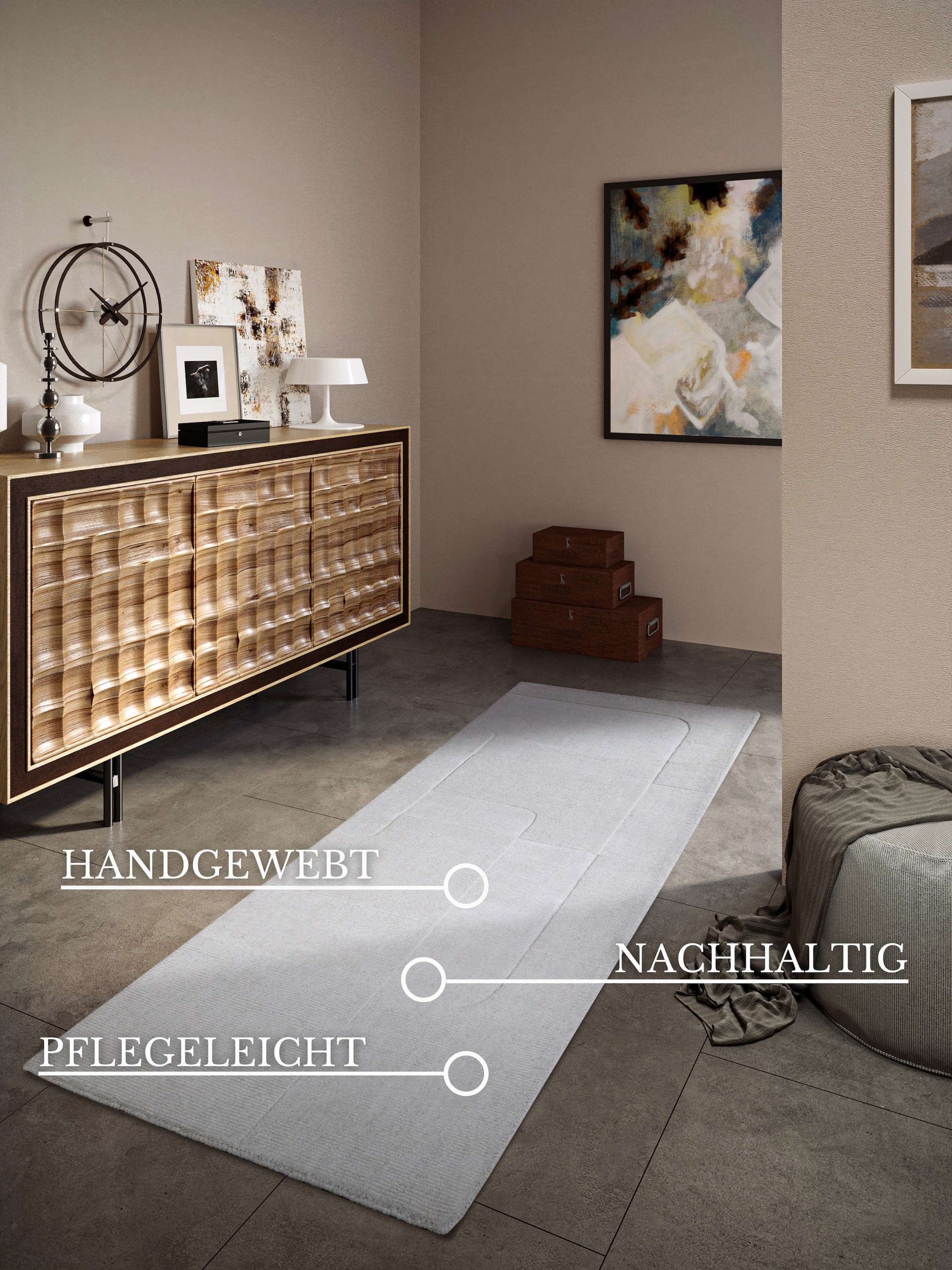 Villeroy & Boch Wollteppich »Charlotte«, rechteckig, 10 mm Höhe, Läufer, Handgewebt, Wolle, Natur, Läufer, Wohnzimmer, Geometrie