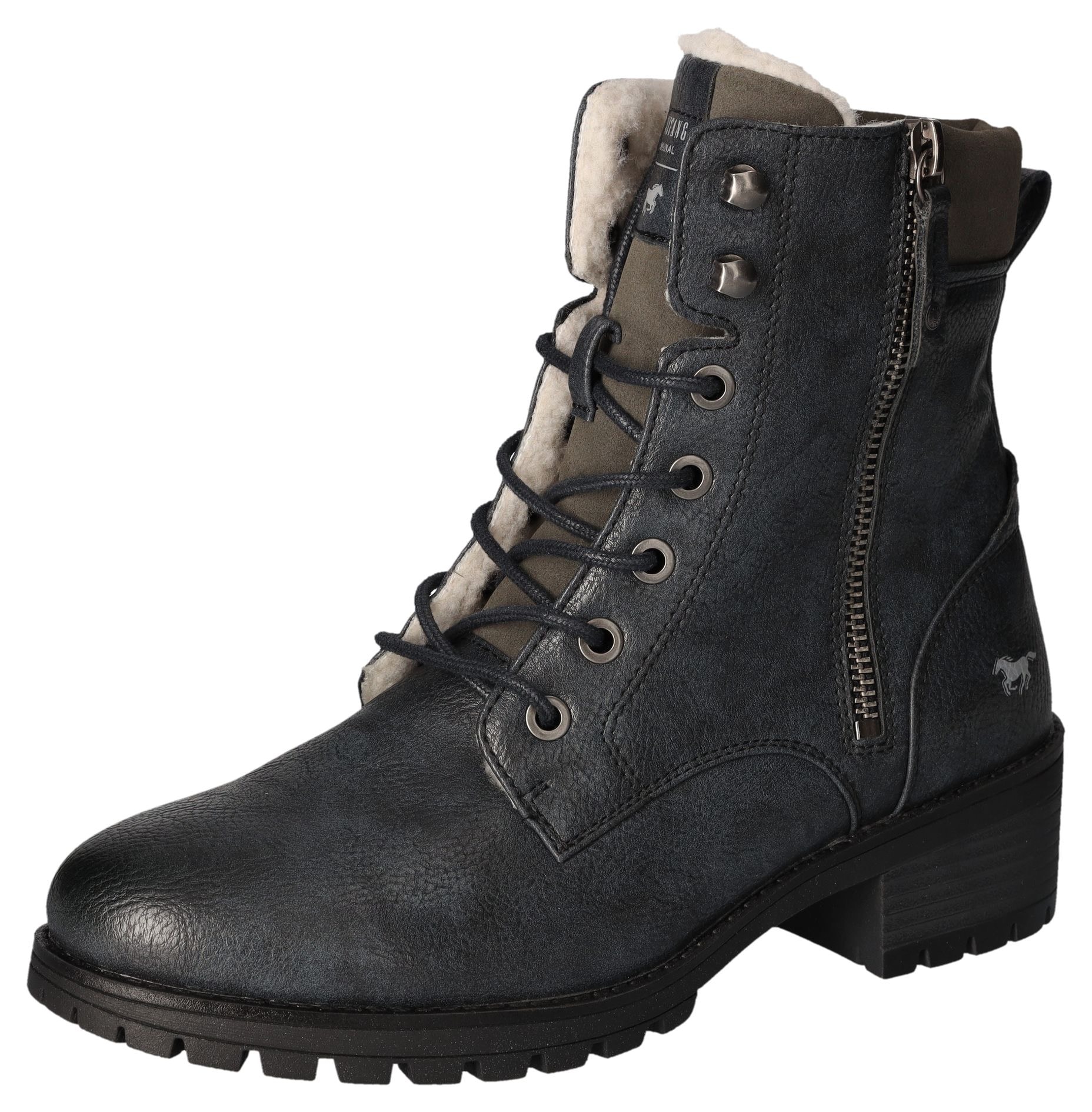 Image of Mustang Shoes Schnürboots, Schnürstiefelette, Blockabsatz, in Metallic-Optik, schmale Form