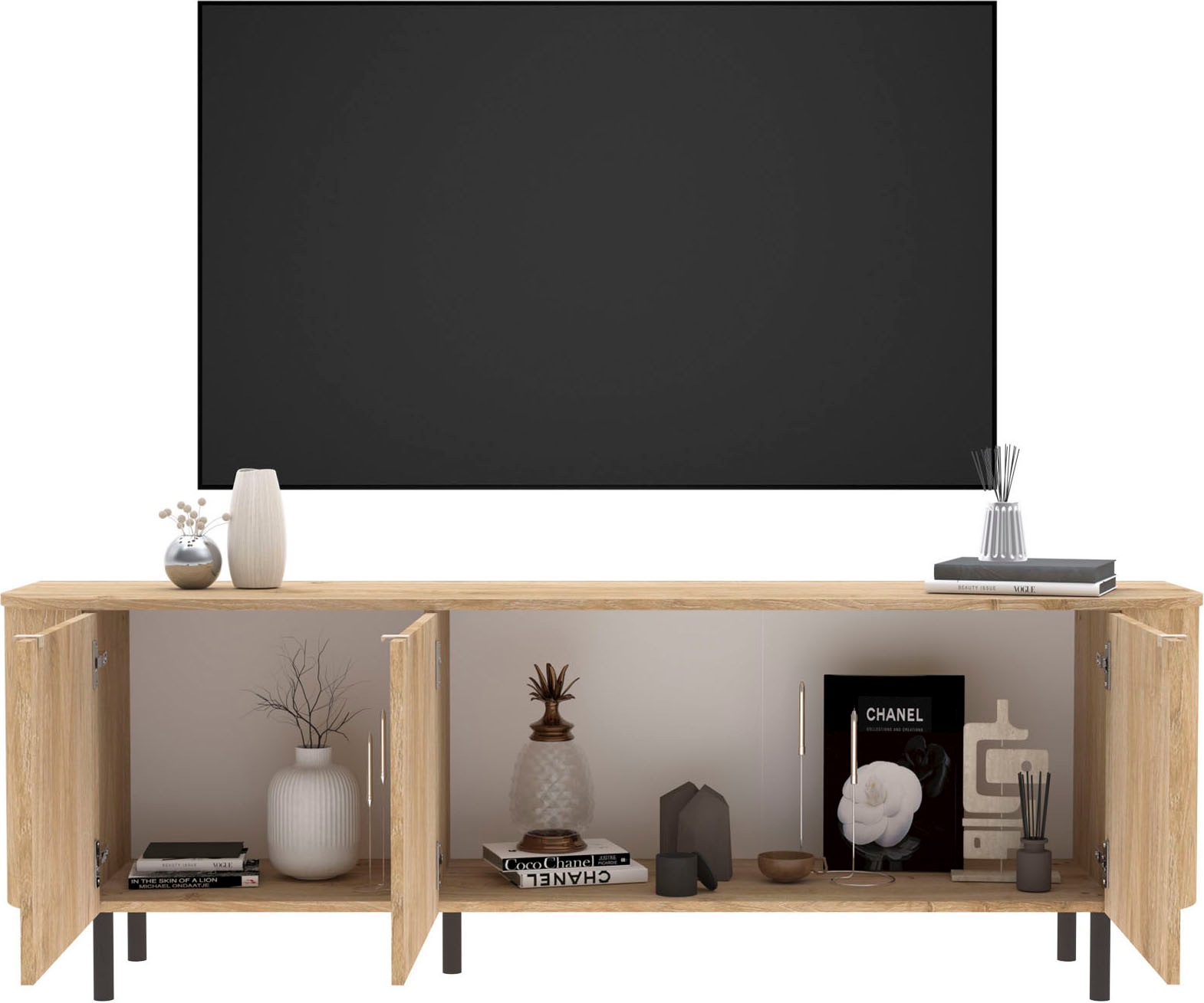 Home affaire Lowboard »Murano, 181 cm breit, 3 Türen, TV-Schrank, TV-Kommode, Medienboard« Formgebogenes MDF, Stirnseiten mit Rundung, Füsse und Griffe aus Metall