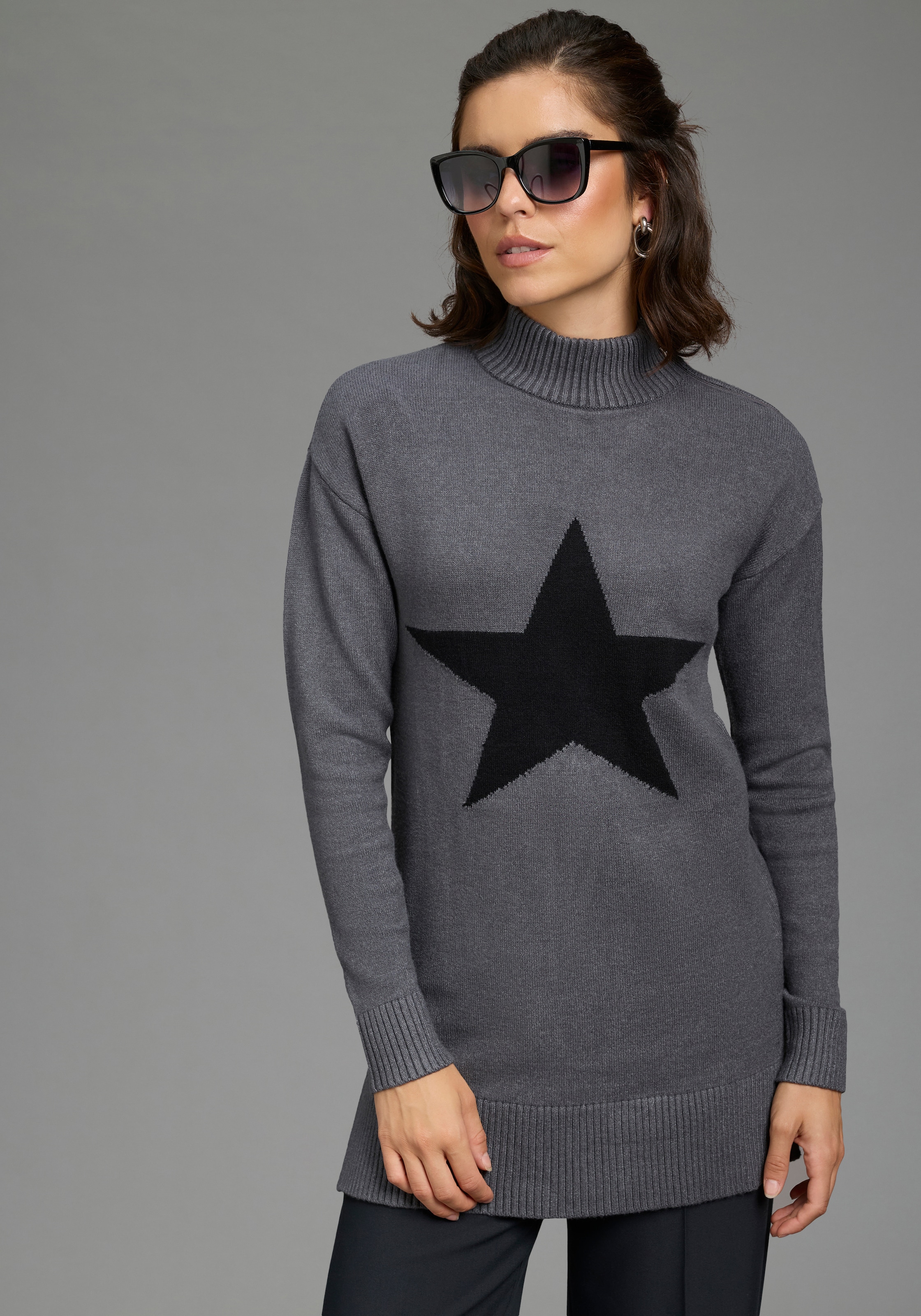 Image of Laura Scott Strickpullover "mit Stehkragen und Reissverschluss, lässig geschnitten" mit Stern-Design
