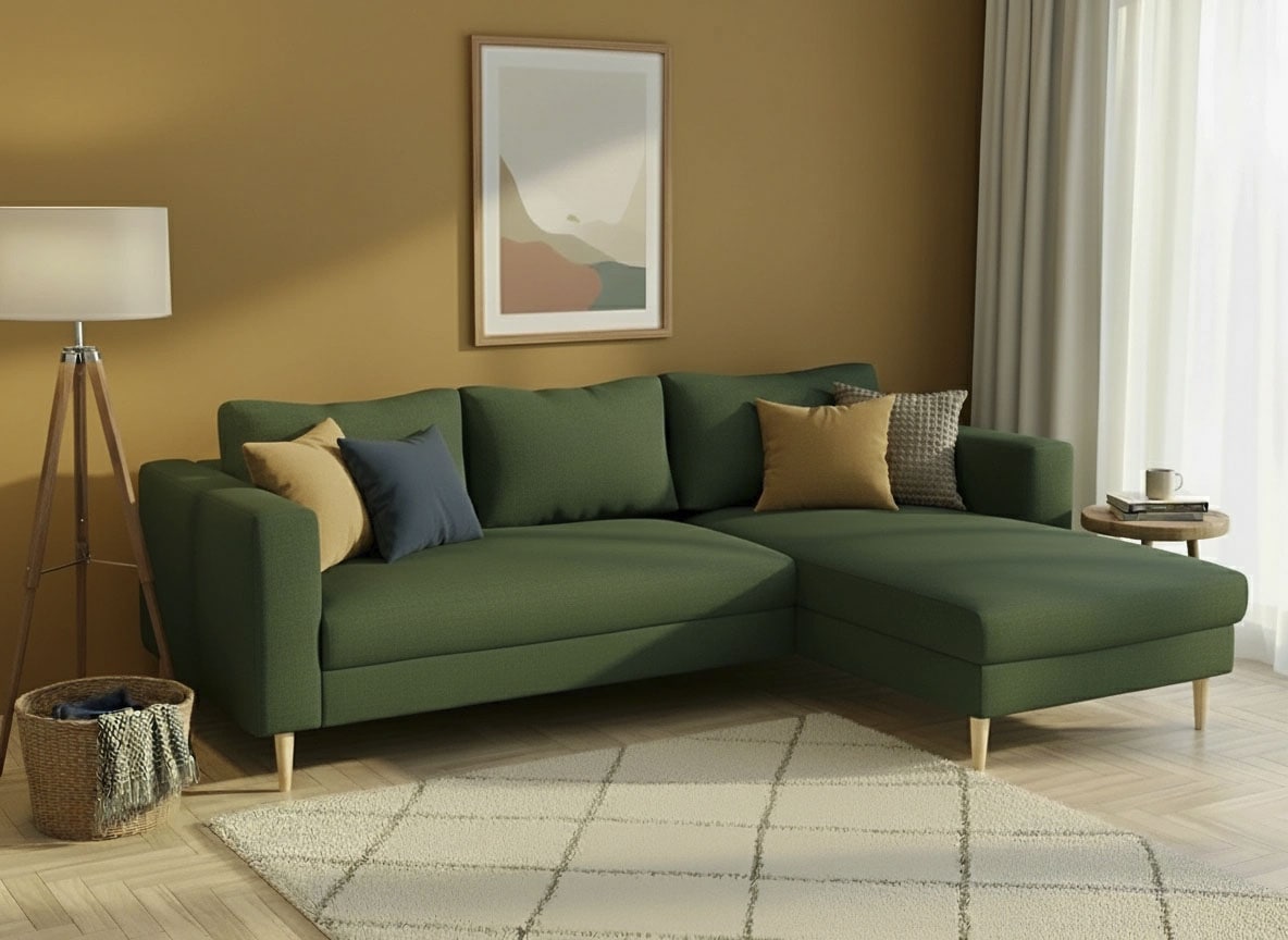 TRENDMANUFAKTUR Canapé d'angle »Amazing, wahlw. mit Schlaffunktion & Bettkasten, Fuss Buche lackiert« Recamiere beidseitig montierbar, L-Form,in Cord o. Struktur, B: 232 cm
