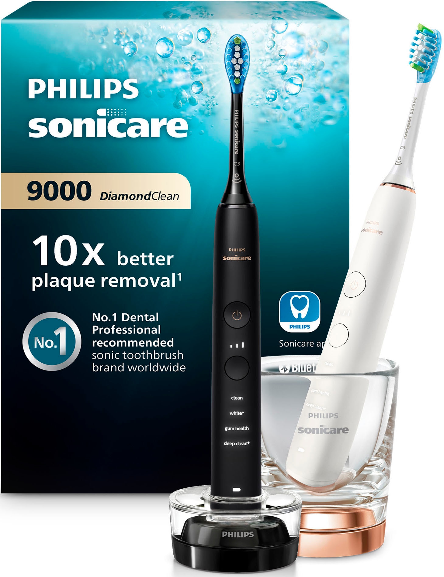 Image of Philips Sonicare Elektrische Zahnbürste "DiamondClean 9000 HX9914" 2 Stk. Aufsteckbürsten DiamondClean Premium Schallzahnbürste, Doppelpack inkl. Ladeglas