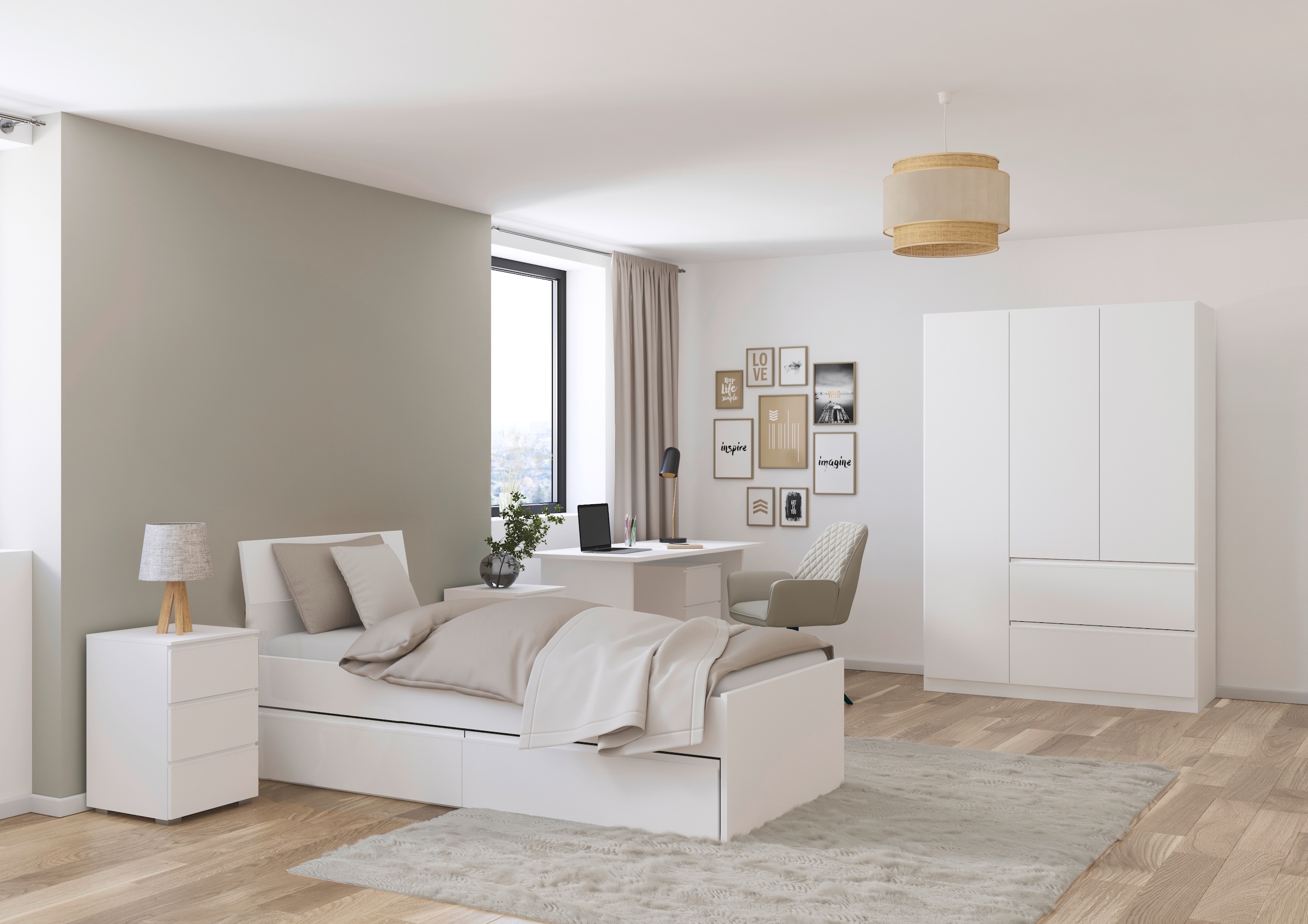 rauch »Komplettzimmer Schlafzimmer-Set (5-St.) Jugendzimmer-Set JOEL« Set, Bett 90x200 oder 140x200 cm, Ausstattungspakete BASIC/CLASSIC/PREMIUM, 5 Stk. tlg. Bett 2 Breiten,Nachttisch,Tisch,Rollcontainer,Schrank MADE IN GERMANY