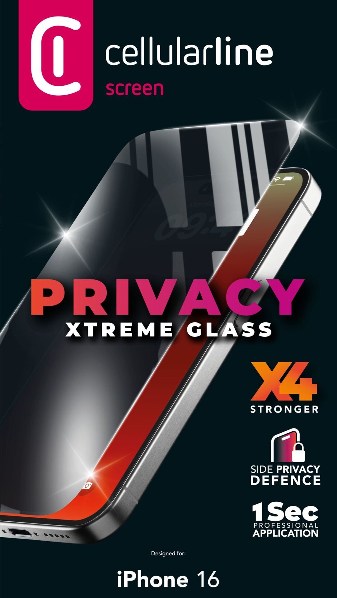 Cellularline Displayschutzglas »PRIVACY XTREME GLASS« für Apple iPhone 16 Blickschutzfolie, Schutzfolie, Bildschirmschutz, kratz- & stossfest