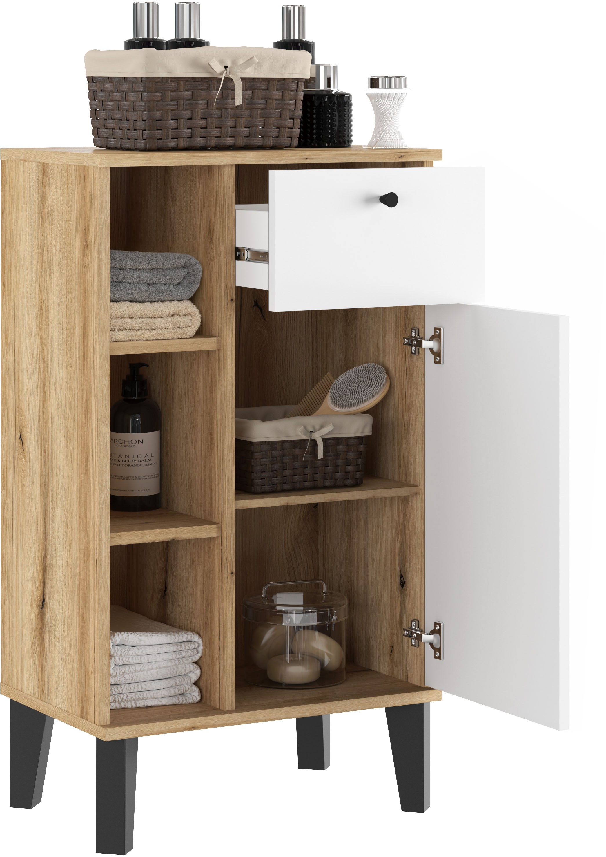Home affaire Armoire intermédiaire »Oslo, Badschrank mit Knopfgriff, Schrank im skandinavischen Design« disponible en blanc ou gris, suffisamment d’espace de rangement