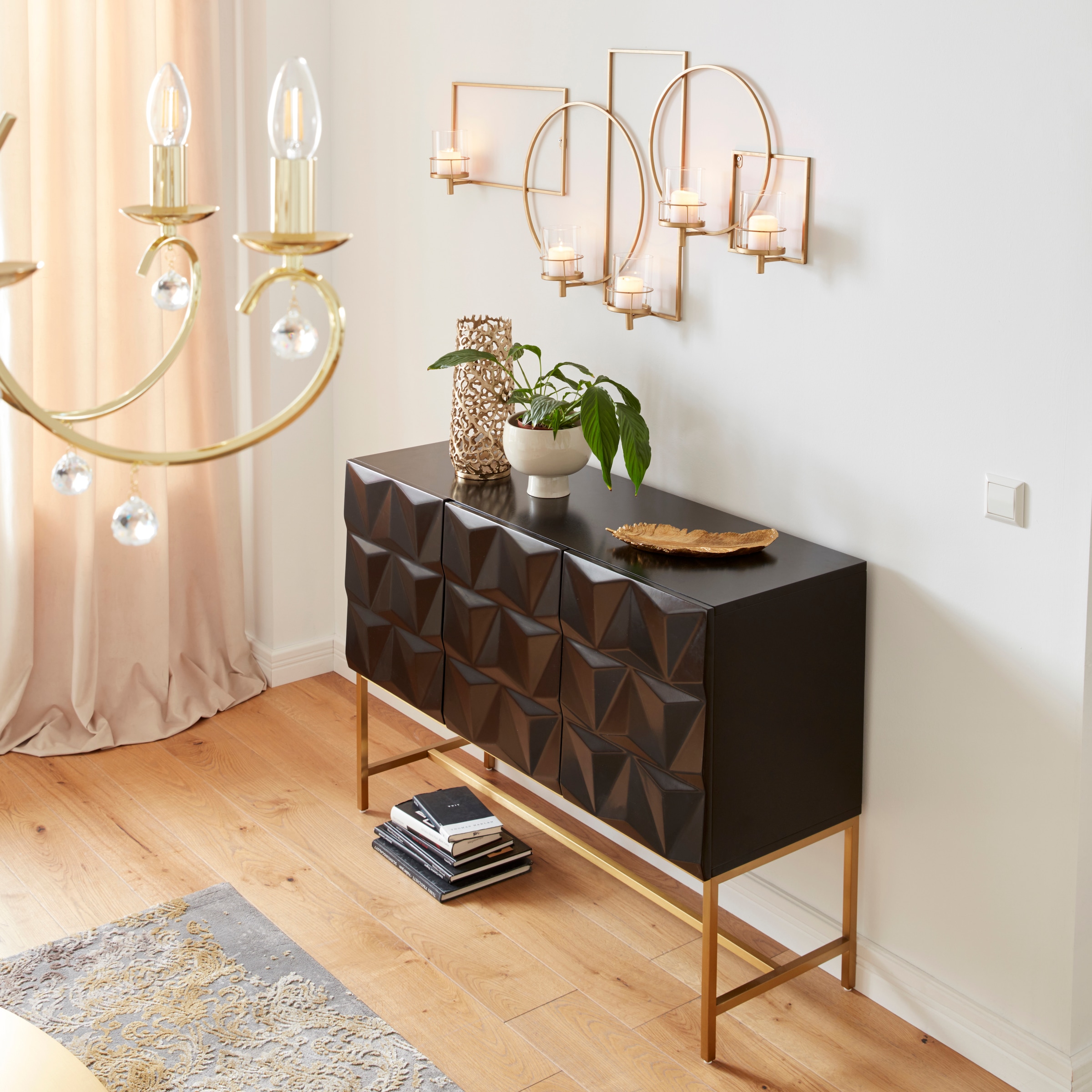 Leonique Sideboard »Rovuma, TOPSELLER!«, (Kommode, FSC-zertifizierter Holzwerkstoff, lackiert), in 3D-Optik und goldfarbenem Metallgestell