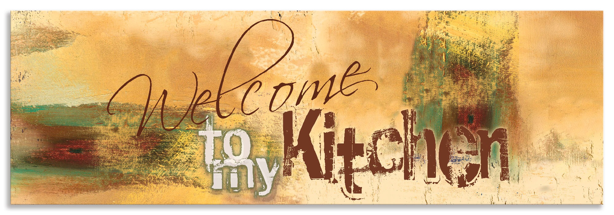 Image of Artland Küchenrückwand »Willkommen in meiner Küche«, (1 tlg.), selbstklebend in vielen Grössen - Spritzschutz Küche hinter Herd u. Spüle als Wandschutz vor Fett, Wasser u. Schmutz - Rückwand, Wandverkleidung aus Alu bei Ackermann Versand Schweiz