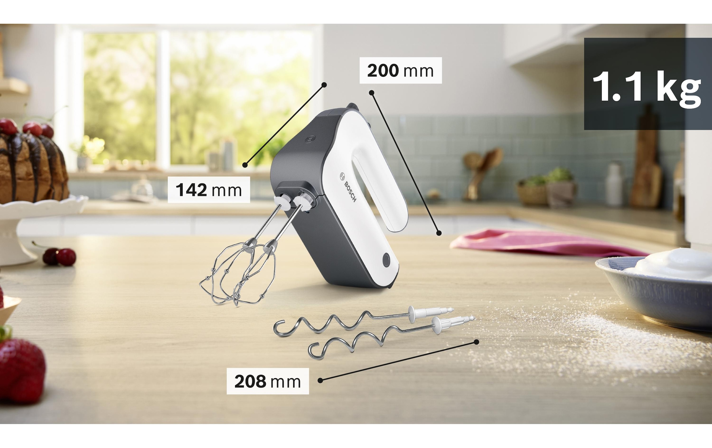 BOSCH Handmixer »MFQ49300, Edelst. Rührbesen/Knethaken, 5 Stufen, Spiralkabel« 850 W Turbotaste, Soft-Touch-Griff, leichtes Gehäuse, Made in Europe