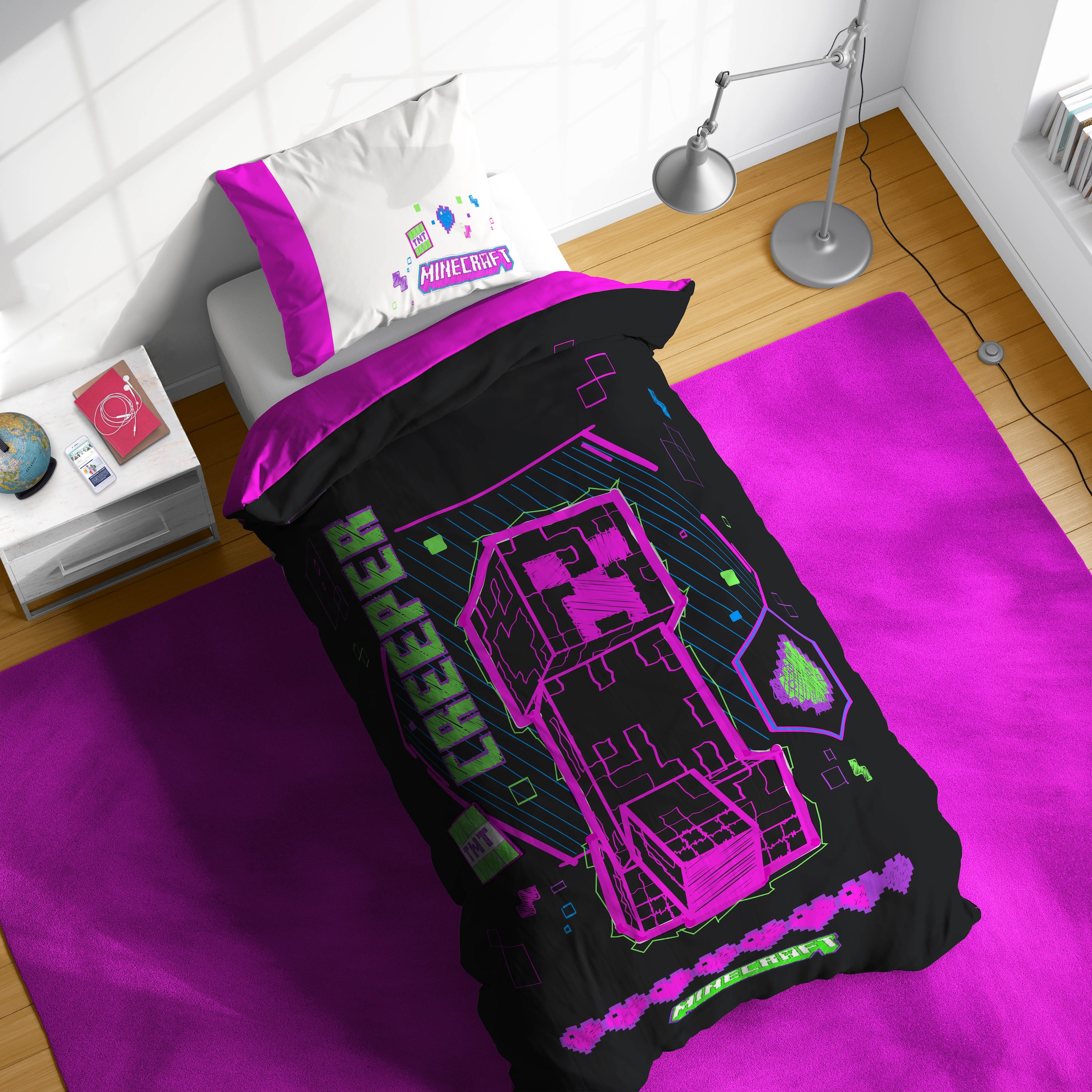 Minecraft Linge de lit pour enfants »Minecraft Cyber Neon« 2 100% coton