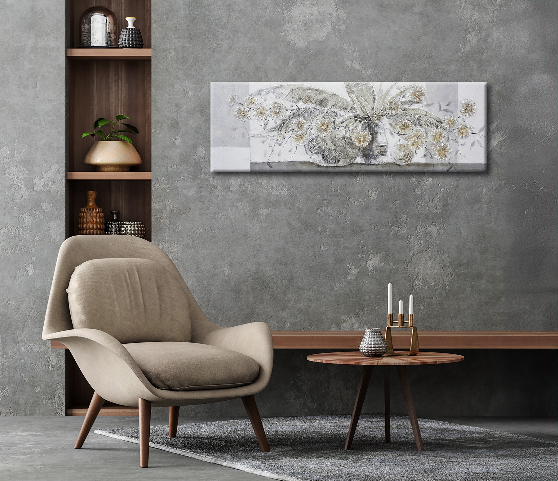 Bönninghoff Ölgemälde »handarbeit BLUMENVASE 40x120 cm – Wandbild Kunst Deko modern« Blumen | Blätter | Vasen handgefertigt, jedes Bild ein Unikat