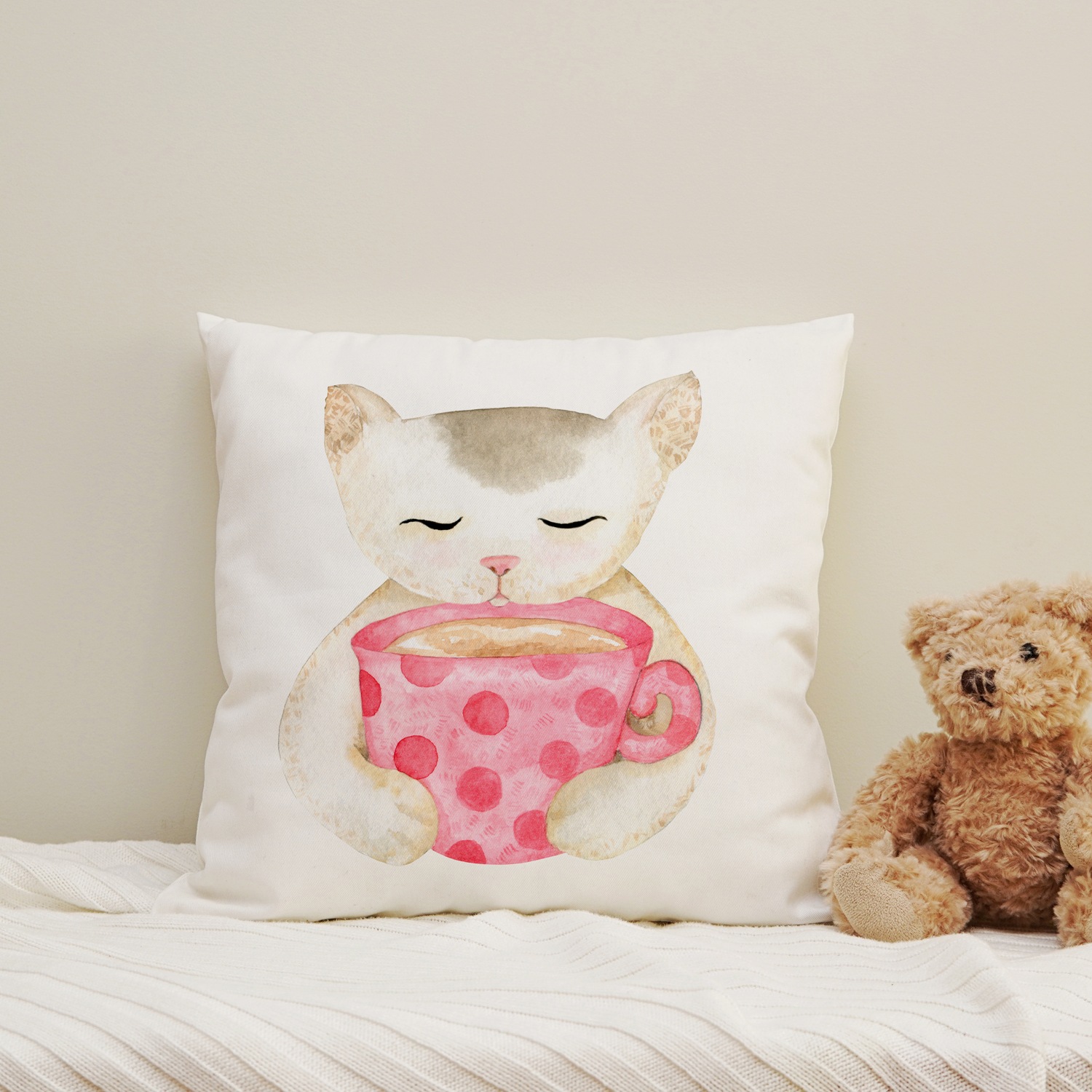Image of queence Dekokissen "Katze mit Kakao" Kissenhülle mit HD Premium Druck, geruchsneutral, 40x40cm