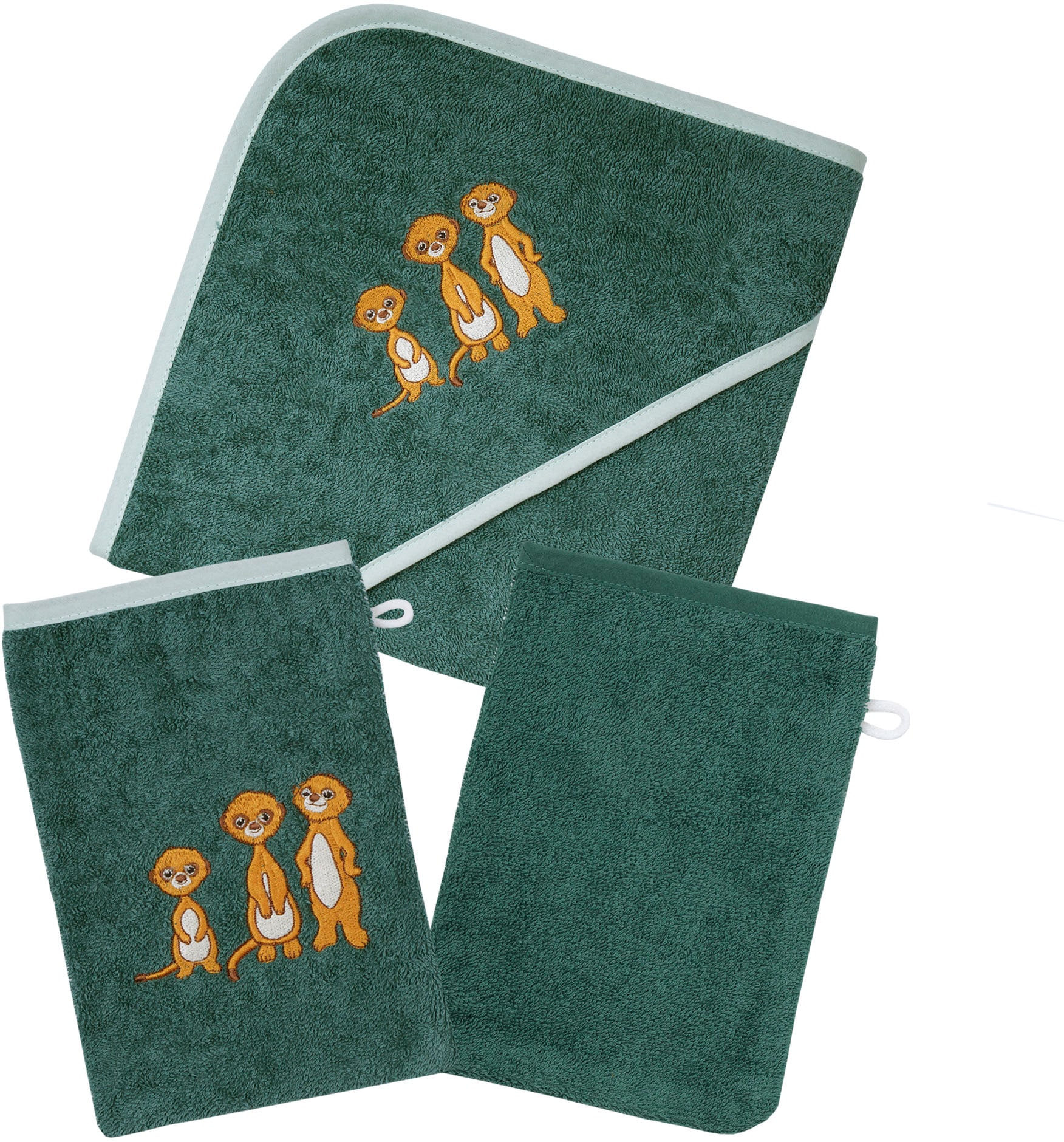 Image of Wörner Handtuch Set "Erdmännchen pinie Kapuzenbadetuch mit 2 Waschhandschuhen" mit süsser Stickerei Erdmännchen