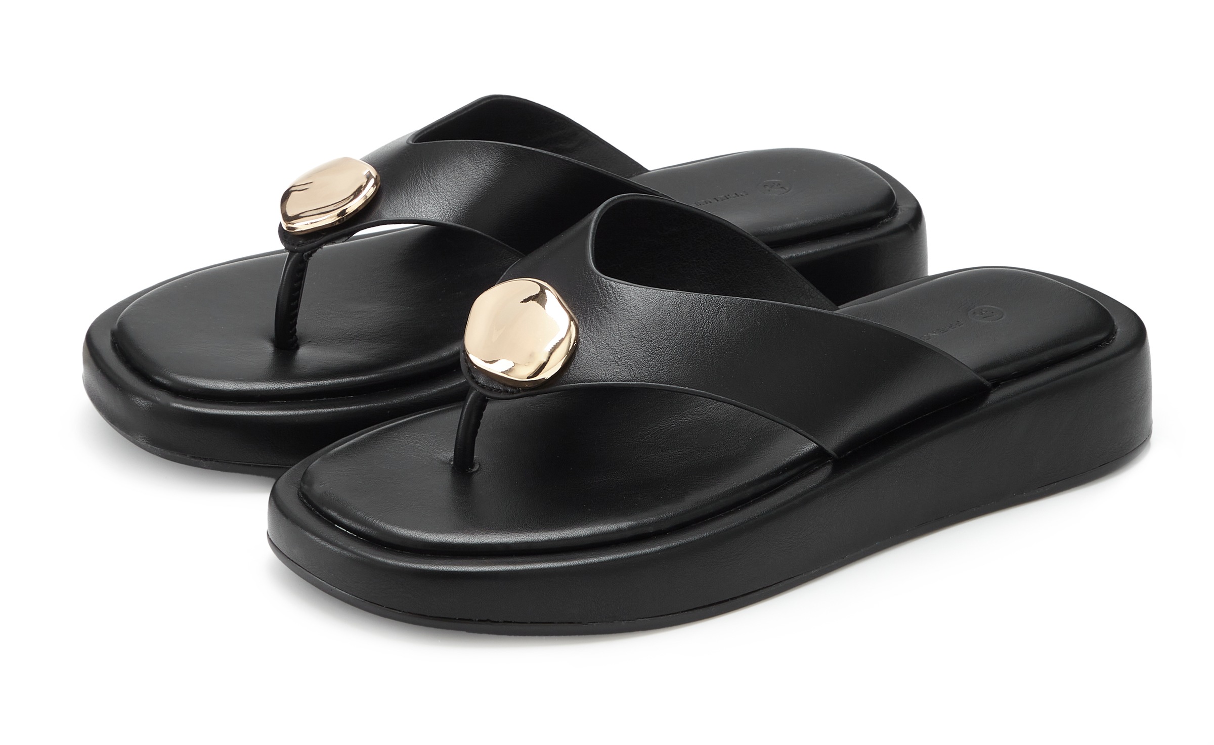 Image of French Connection Zehentrenner "Sandale, Pantolette, offener Schuh, Sommerschuhe" NEU mit goldfarbenem Schmuckelement und bequemer Sohle VEGAN