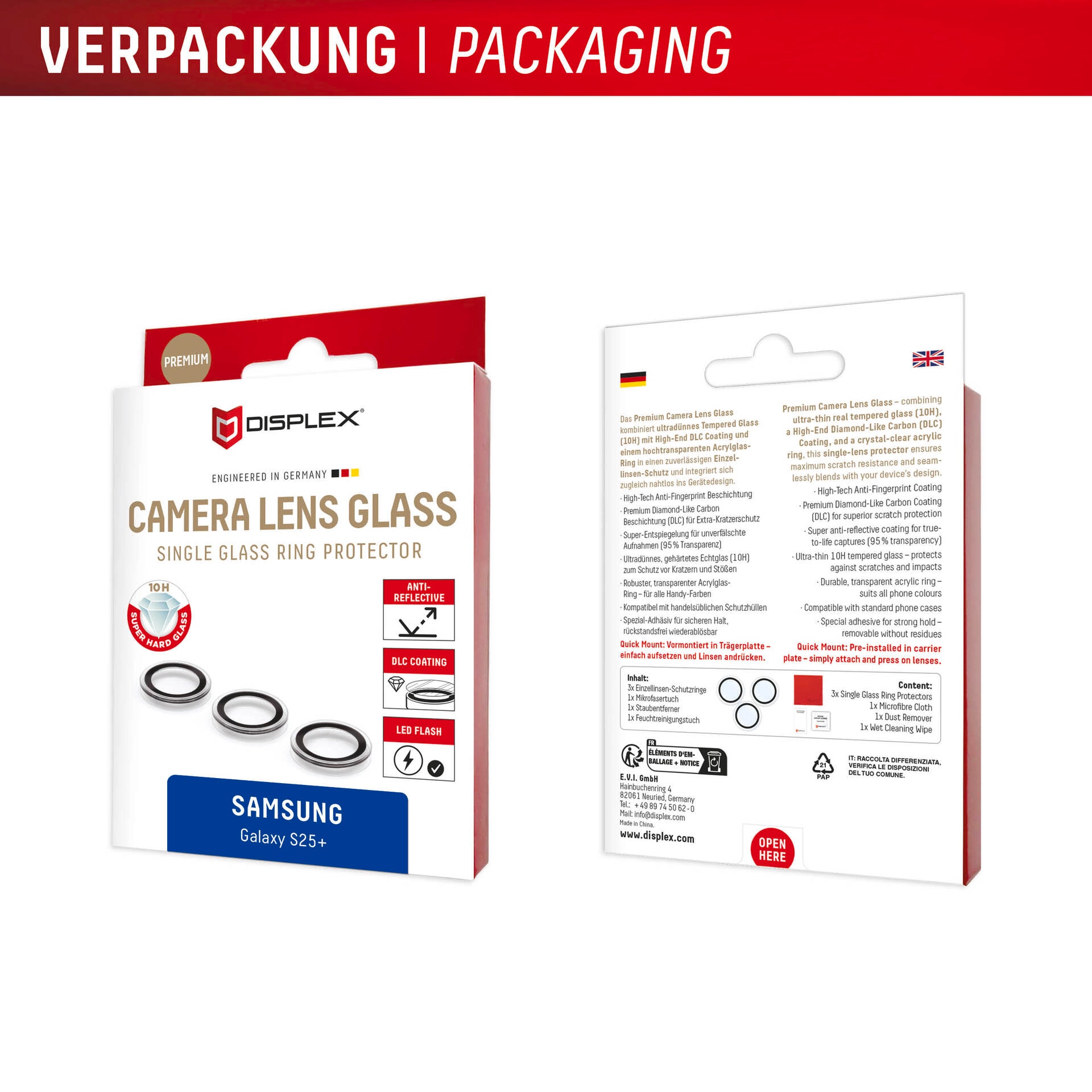 Displex Kameraschutzglas »Camera Lens Glass Single Glass Ring Protector« für Samsung Galaxy S25+ Packung, 2x Einzellinsen-Schutzringe,  Objektivschutz, Kameraschutz, kratz- & stossfest