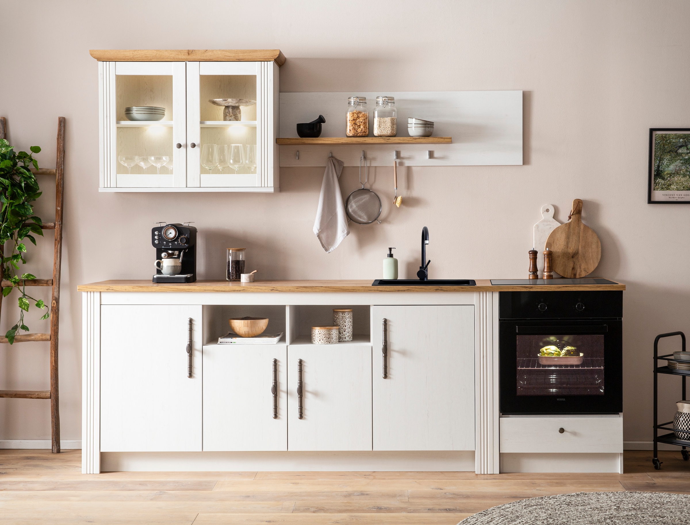 GOODproduct Küchenzeile »KS-Westminster, Pantryküche im Landhaus Stil, hochwertige Metallgriffe« Set,  Breite 268 cm, Sideboard, Wandpaneel, Hängeschrank und Herdumbau