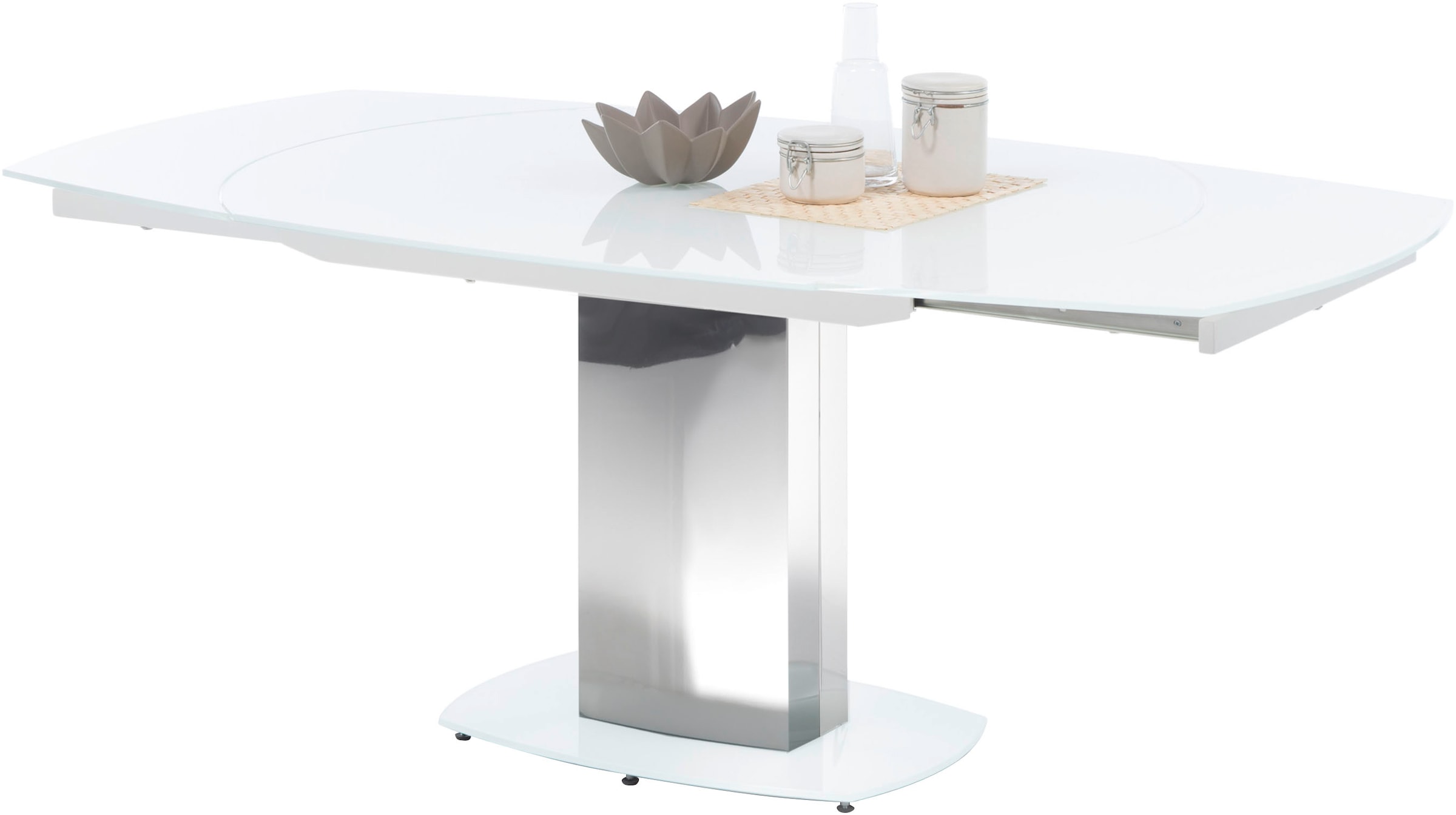 Stolkom Esstisch »Jackson Glastisch Weiss, Tisch ausziehbar, BxHxT 130-190x75x105 cm«, Automatische beidseitiger Drehauszug, Tischplatte in Super White