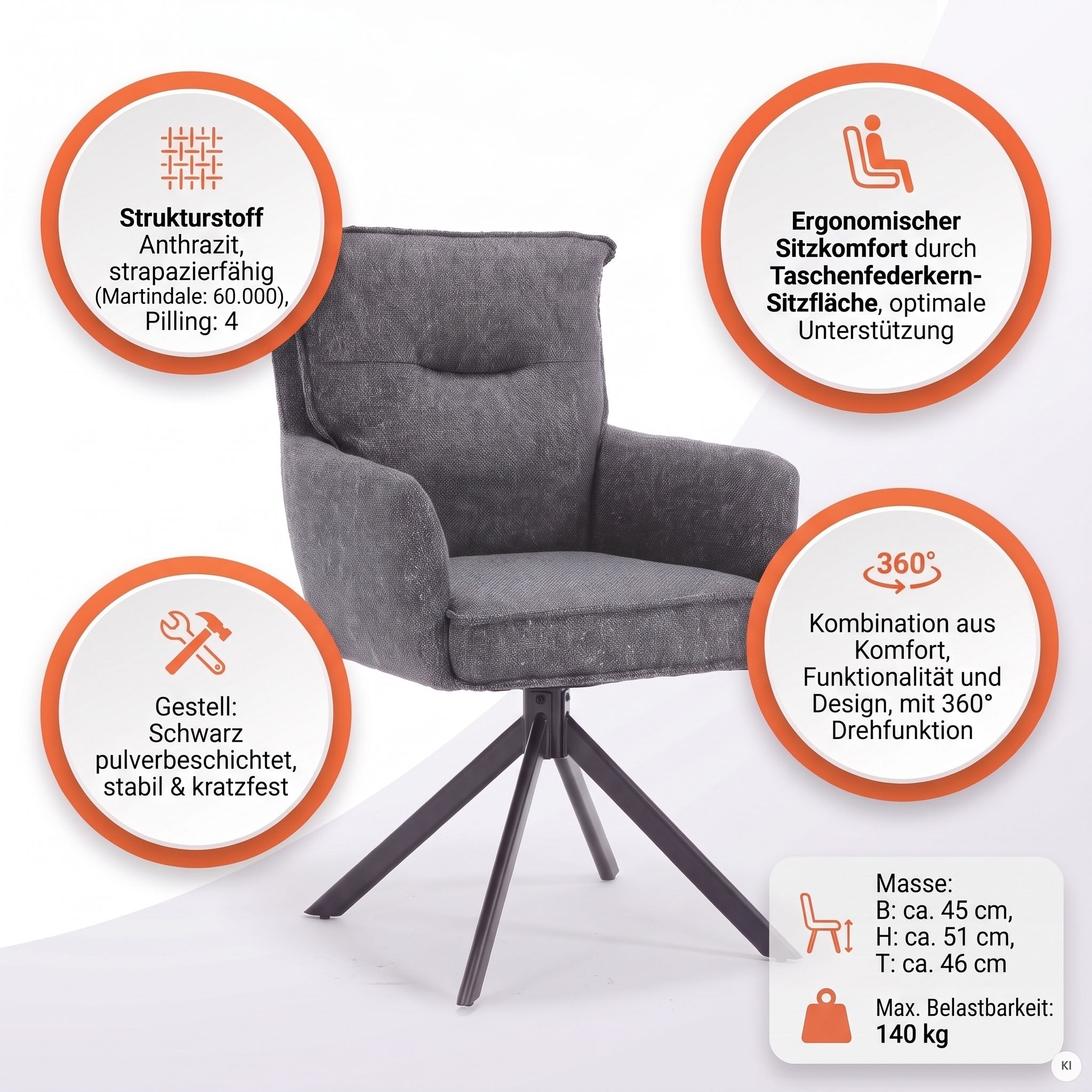 SalesFever Esszimmerstuhl »Austin - Armlehnstuhl mit hochwertiger Taschenfederkern-Polsterung« () 1 Stk.Esszimmersessel: 360° Drehfunktion mit stilvollem Metallfuss