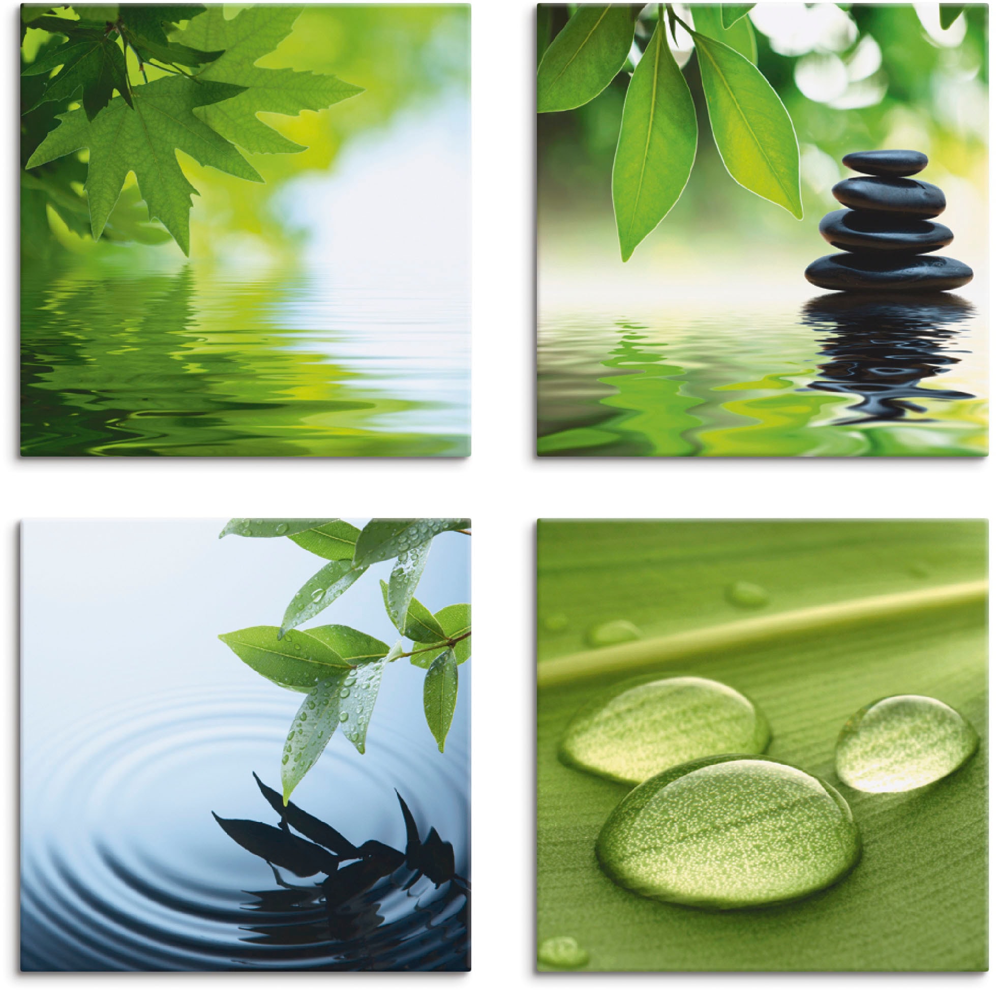 Image of Artland Leinwandbild "Blätter Wasser Zen Steinpyramide Tropfen" Zen 4 Stk. tlg. 4er Set, verschiedene Grössen