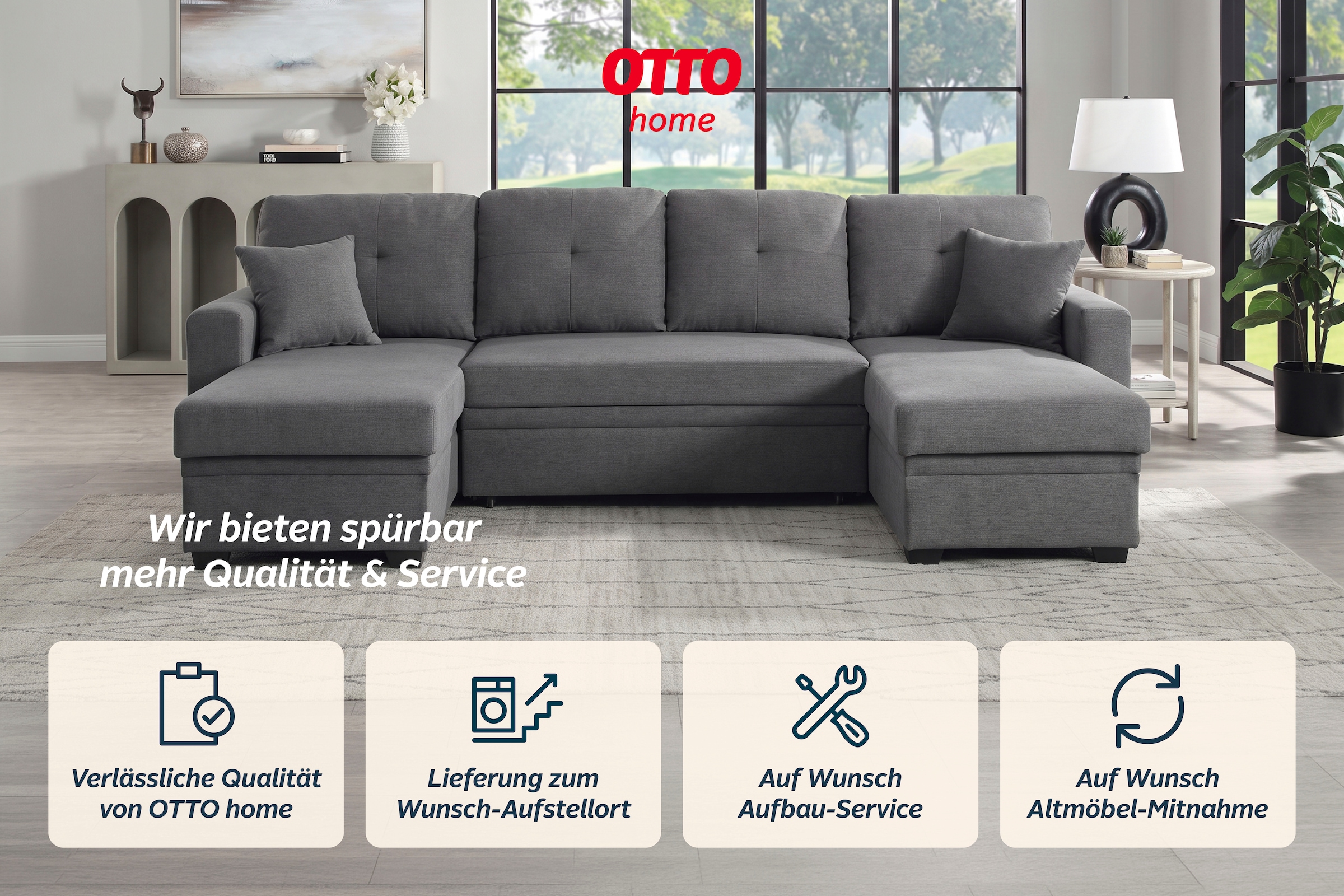 GOODproduct Wohnlandschaft »Gerrit U-Form, Br. 282 cm Couch, Liegefl. 125x215 cm« mit Schlaffunktion, 2 Bettkästen & 2 Zierkissen