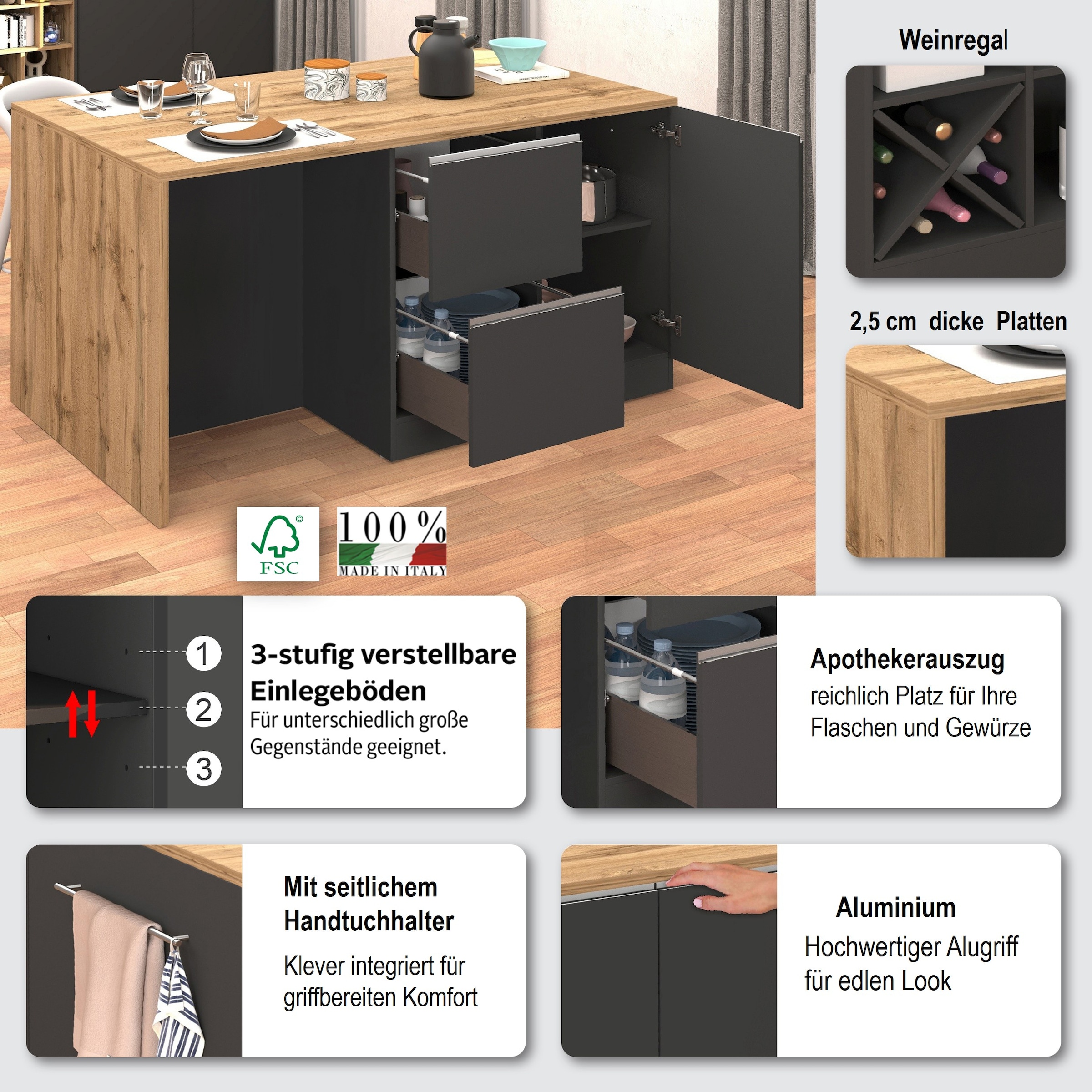 KOCHSTATION Ilot de cuisine »KS-Sole, Kochinsel, Küchenarbeitsblock, Inselküche, Arbeitsinsel« Breite 152,5 cm, mit Essplatz, Handtuchhalter, Fächer und Weinregal