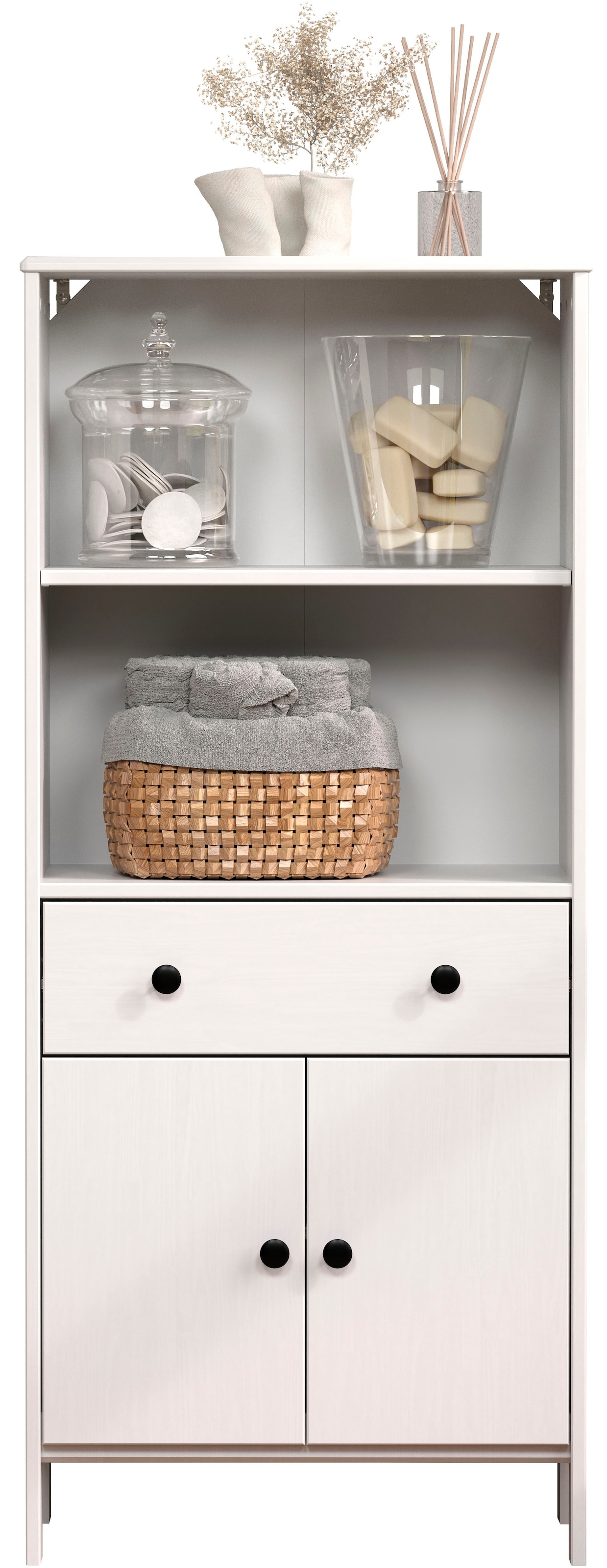 welltime Midischrank »Kall«, (1 St.), Breites Badregal aus Kiefer-Massivholz - Weiss oder Braun lackiert