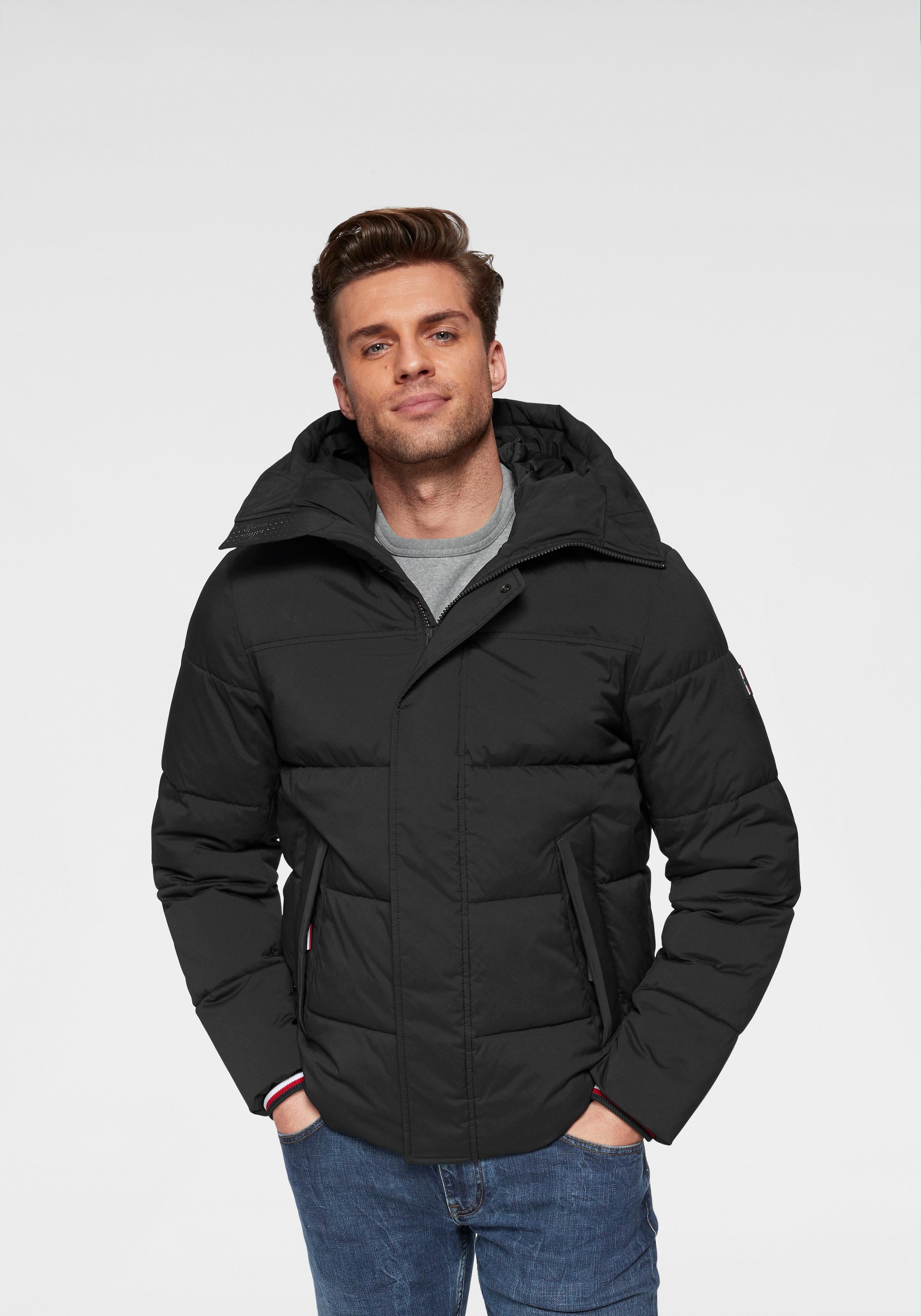 tommy hilfiger hooded stretch puffer jacket in black