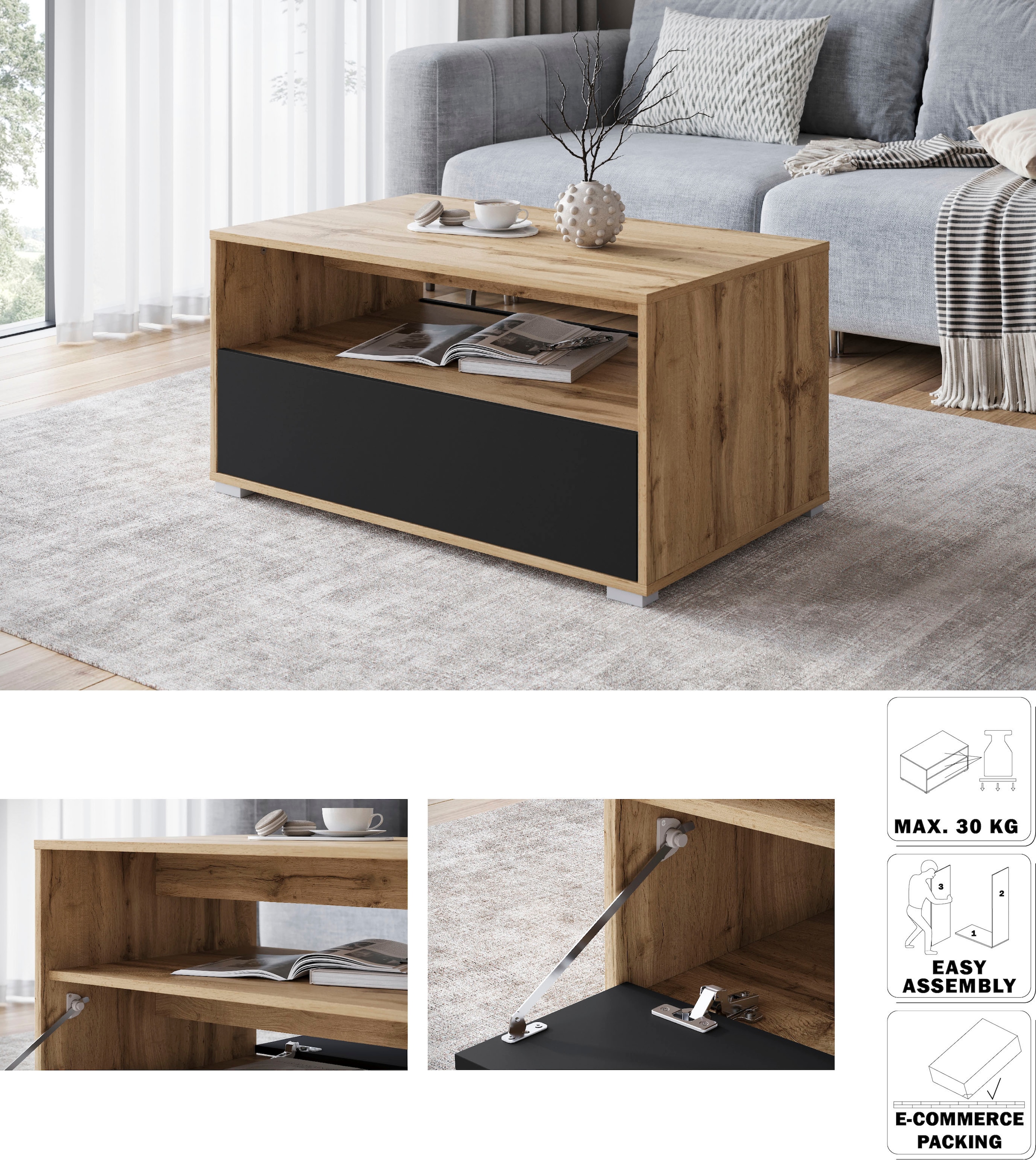 Home affaire Table basse »Kenia« 1 cuis tlg. Table basse rectangulaire, 90x55 cm, avec compartiment ouvert et fermé