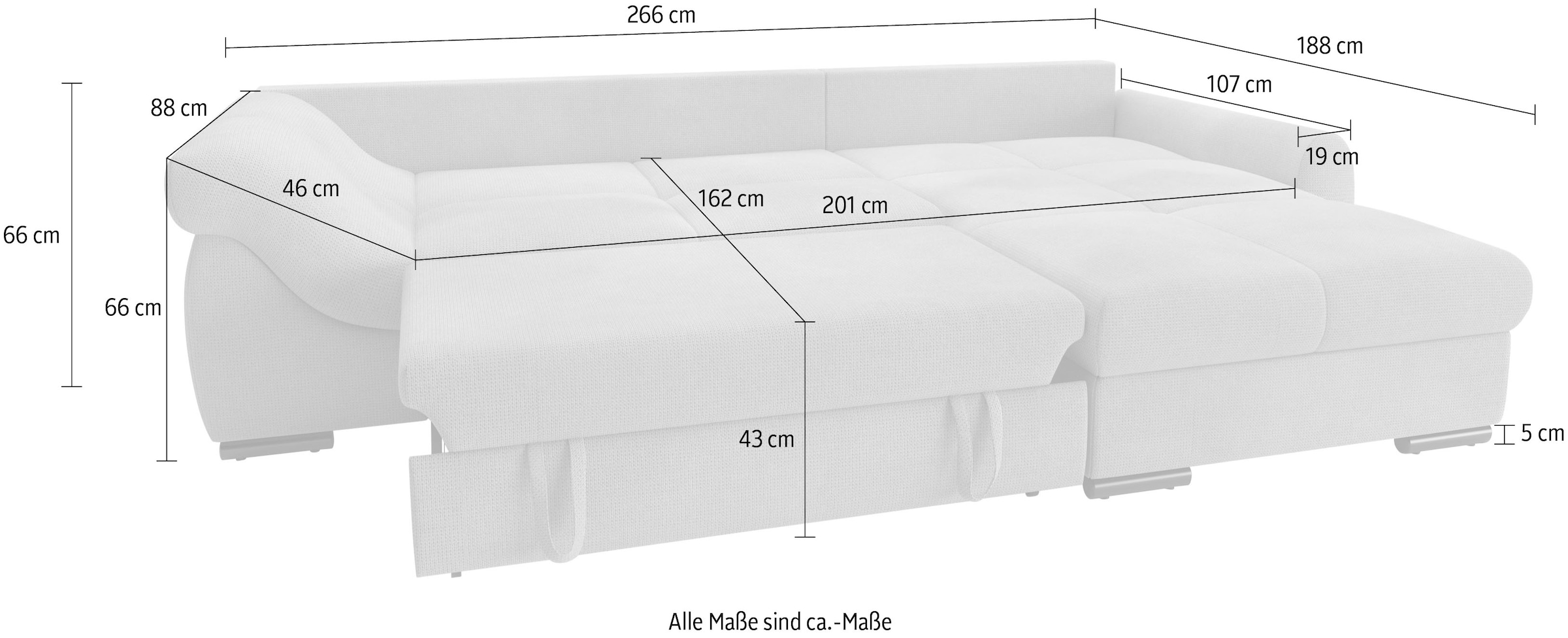 Mr. Couch Ecksofa »Livorno L-Form«, inkl. Hochschläfer-Bettauszug, XL-Bettkasten weiss beschichtet