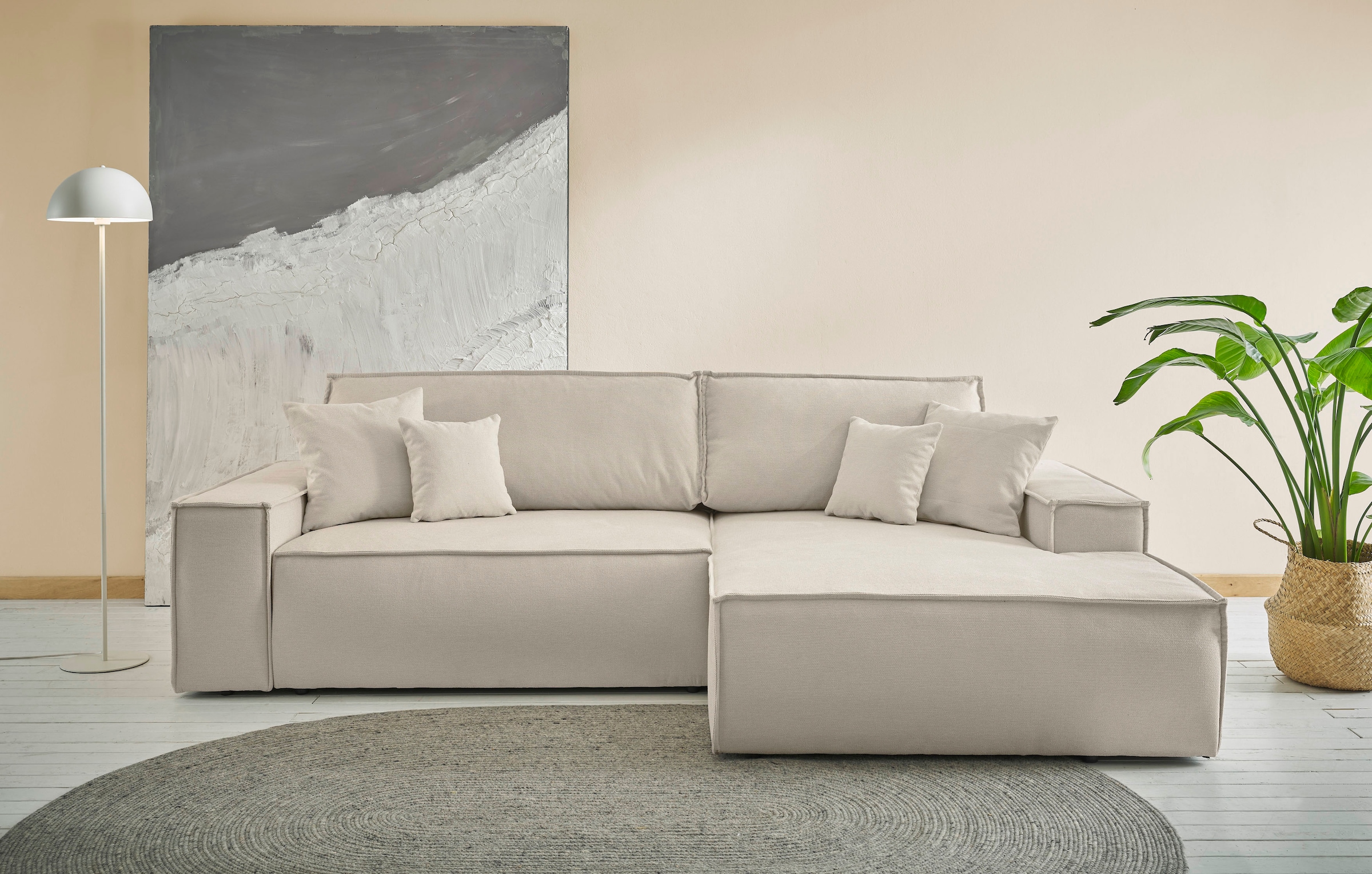 andas Ecksofa »Finnley Schlafsofa 267 cm in Bouclé, Struktur fein u. Cord, L-Form,«, Schlaffunktion m. Bettkasten (136/210 cm), Bouclé, Struktur und Cord